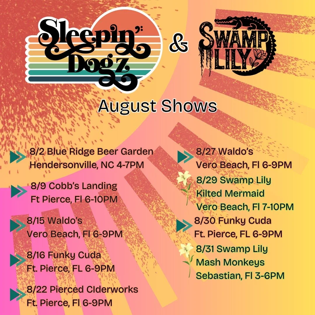 ~August Shows~
8/2 @blueridgebeergarden 
Hendersonville, NC 4-7PM
8/9 @cobbslanding 
Ft. Pierce, Fl 6-10PM
8/15 @Waldo's
Vero Beach, Fl 6-9PM
8/16 @thefunkycuda 
Ft. Pierce, Fl 6-9PM
8/22 @piercedcider 
Ft. Pierce, Fl 6-9PM
8/27 @Waldo's
Vero Beach, 
