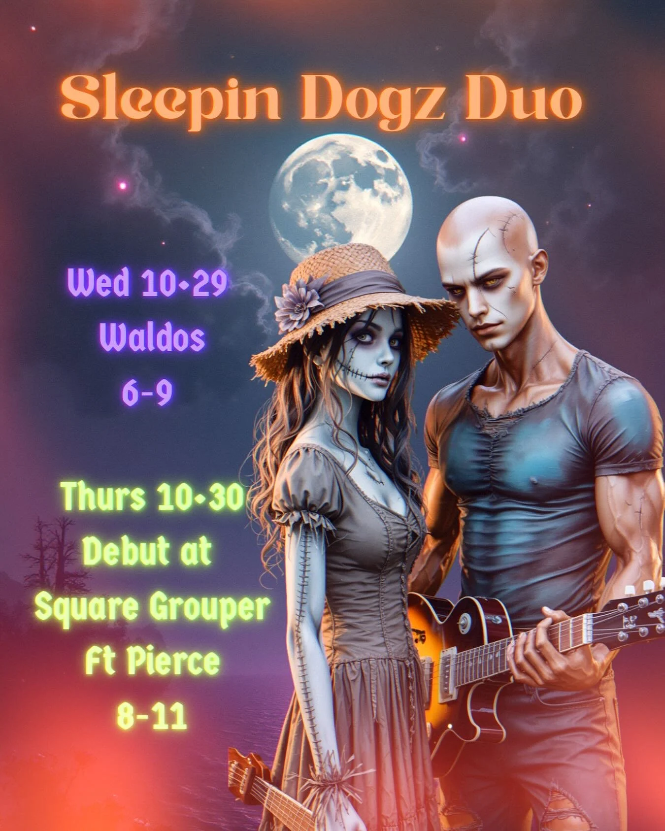 Here&rsquo;s our schedule this week! 
10.29 Waldo&rsquo;s 6-9 
19&bull;30 Debut at @squaregroupertikibarfortpierce 
8-11 
#sleepindogz #sleepindogzduo #waldosverobeach #squaregrouperftpierce #supportlivemusicvenues #supportlivemusicians #florida #flo
