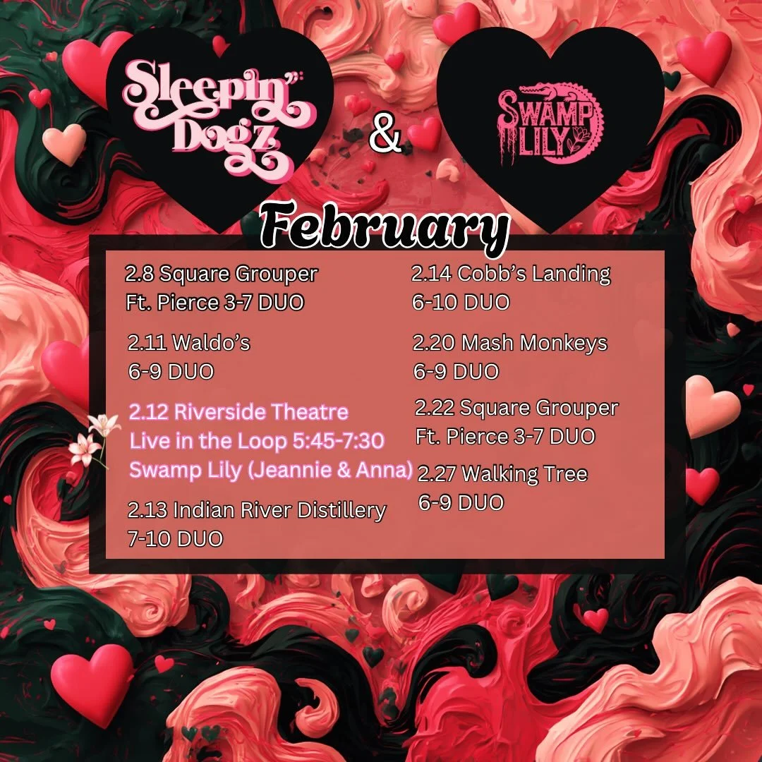 February Shows
🩷2&bull;8 @squaregroupertikibarfortpierce 2-6 (DUO)
❤️2&bull;11 @Waldos 6-9 (DUO) 
🖤2&bull;13 @irdistillery 7-10 (DUO)
🩷2&bull;14 @cobbslanding 6-10 (DUO)
❤️2&bull;20 @mashmonkeysbrewingco 6-9 (DUO)
🖤2&bull;22 @squaregroupertikibar