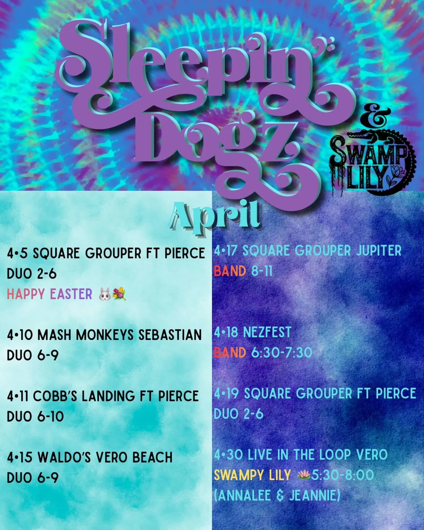 🎸Sleepin Dogz &amp;
🪷@swamplilymusic
 (@annaleetalley &amp; @burke_jeannie) 
April shows 
👇👇👇👇👇👇👇
🐰4/5 Sleepin Dogz Duo 2-6
@squaregroupertikibarfortpierce 

🐵4/10 Sleepin Dogz Duo 6-9
@mashmonkeysbrewingco 

🐟4/11 Sleepin Dogz Duo 6-10
@