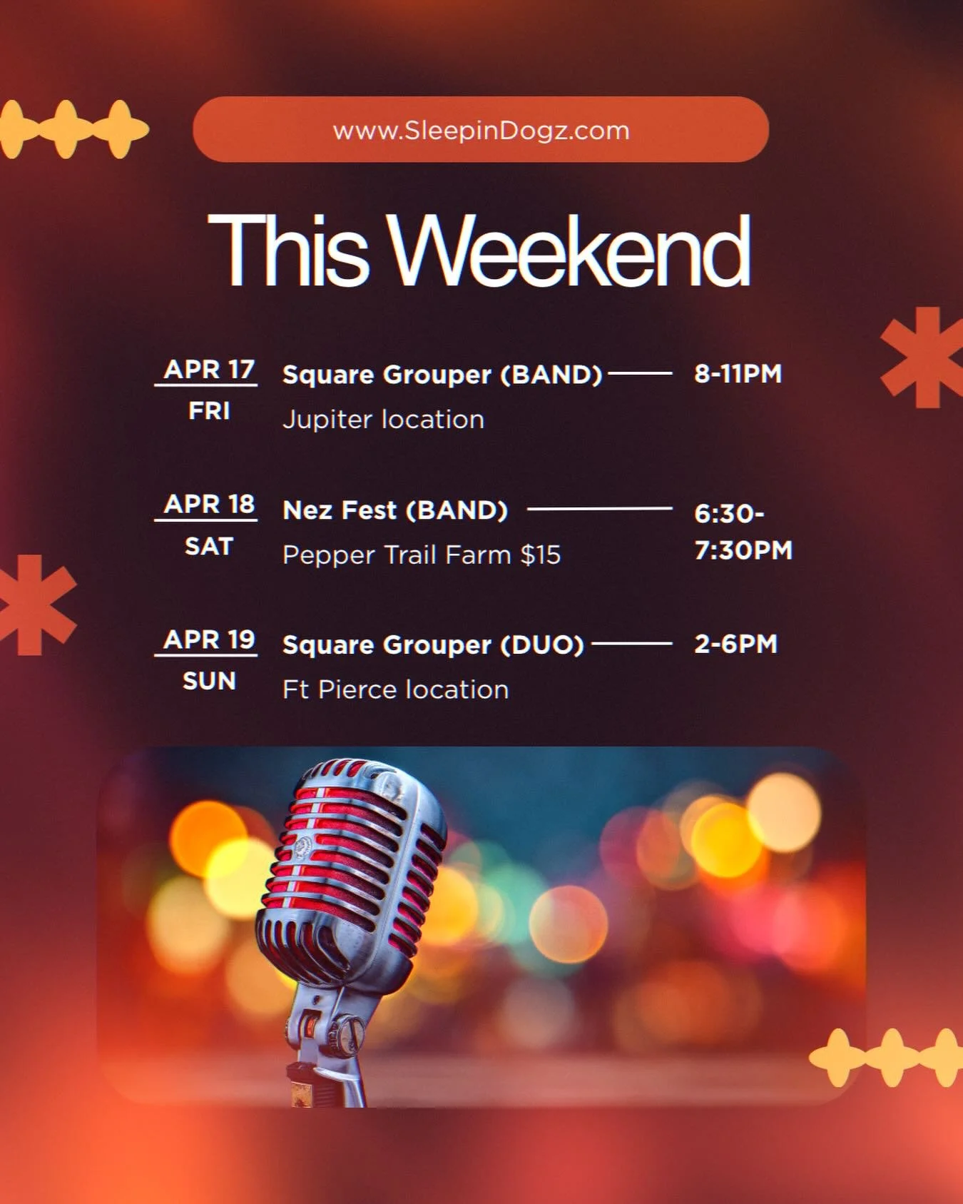 Busy weekend for the Dogz! 

🎸Fri 4/17 @squaregroupertikibar Jupiter 8-11 Band

🍄Sat 4/18 Nez Fest Pepper Trail Farm 6:30-7:30 Band

🍹Sun 4/19 @squaregroupertikibarfortpierce 2-6 Duo 

#sleepindogz #sleepindogzduo #squaregroupertikibar #peppertrai