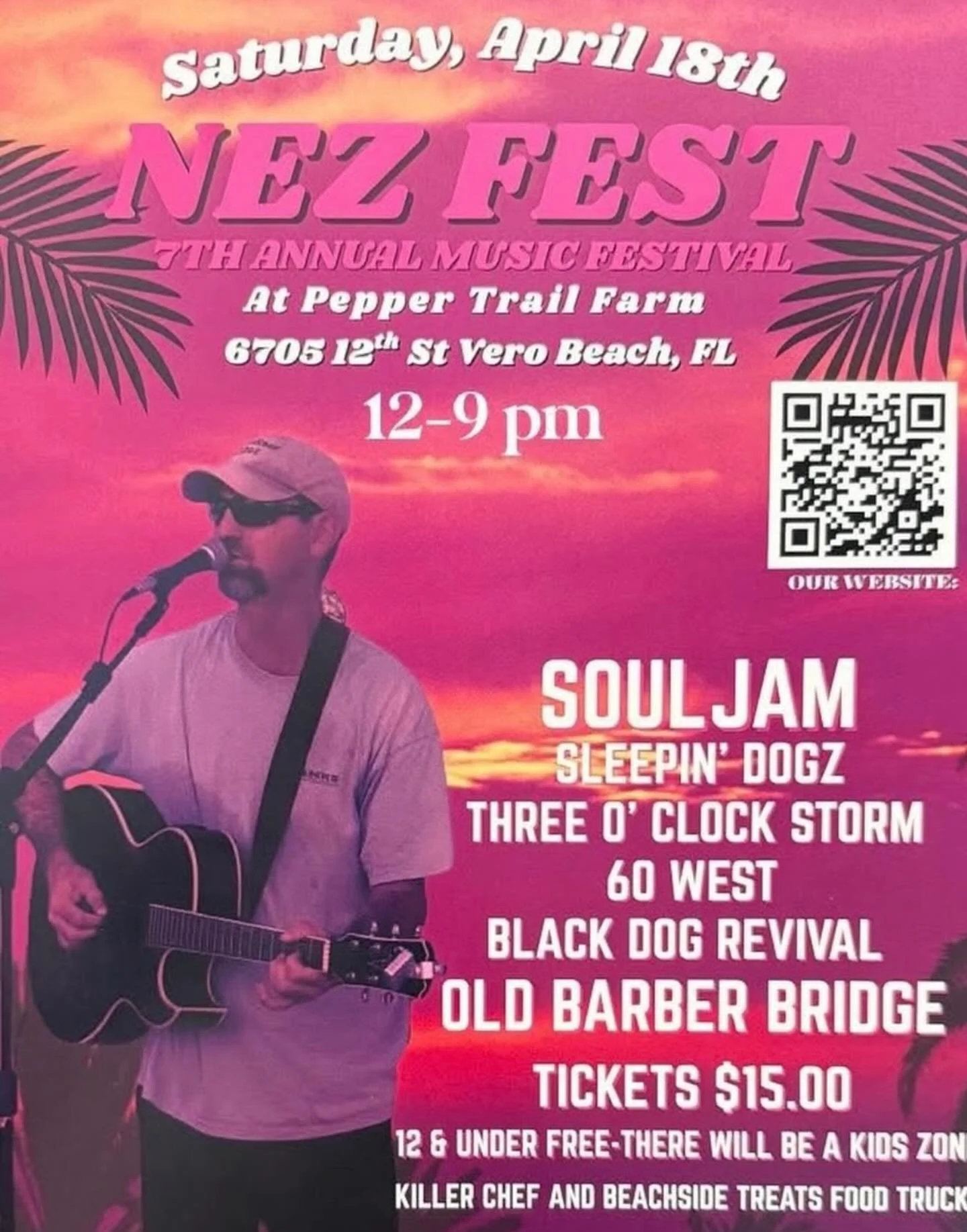 Nez Fest is this Saturday! Music all day starting at noon! Come on down to Pepper Trail Farm in Vero Beach. Tix are $15 for adults, children under 12 get in free! They can be purchased at the gate or online at www.Nezfestnonprofit.com. Food trucks, K