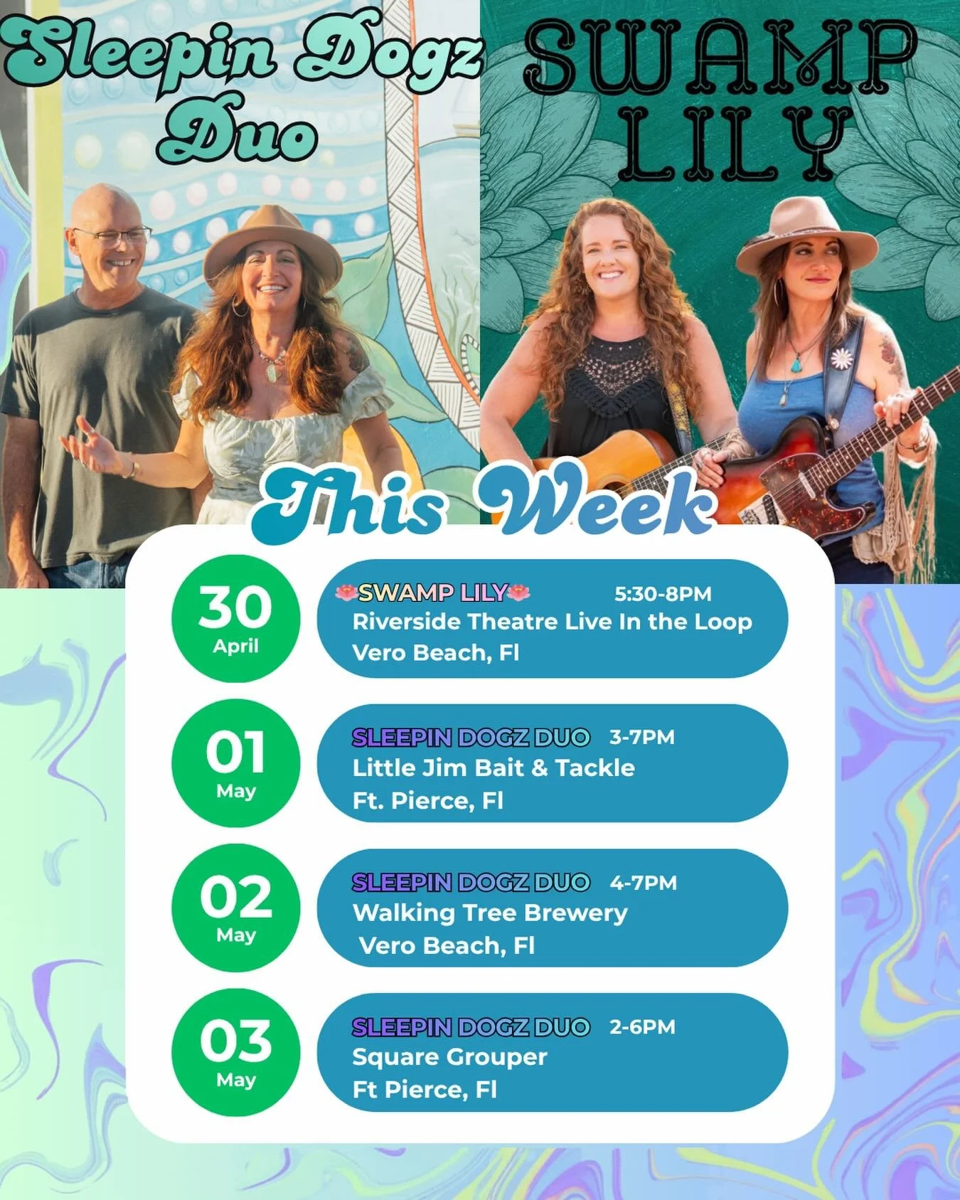 @sleepindogz &amp;
 @swamplilymusic (@burke_jeannie @annaleetalley) 
This week in music:
💥💥💥💥💥💥💥💥💥
🪷4&bull;30 Swamp Lily  @riversidetheatrefl 5:30-8
🎶5&bull;01 Sleepin Dogz Duo @littlejimbaitandtackle 3-7
🎸5&bull;02 Sleepin Dogz Duo @walk