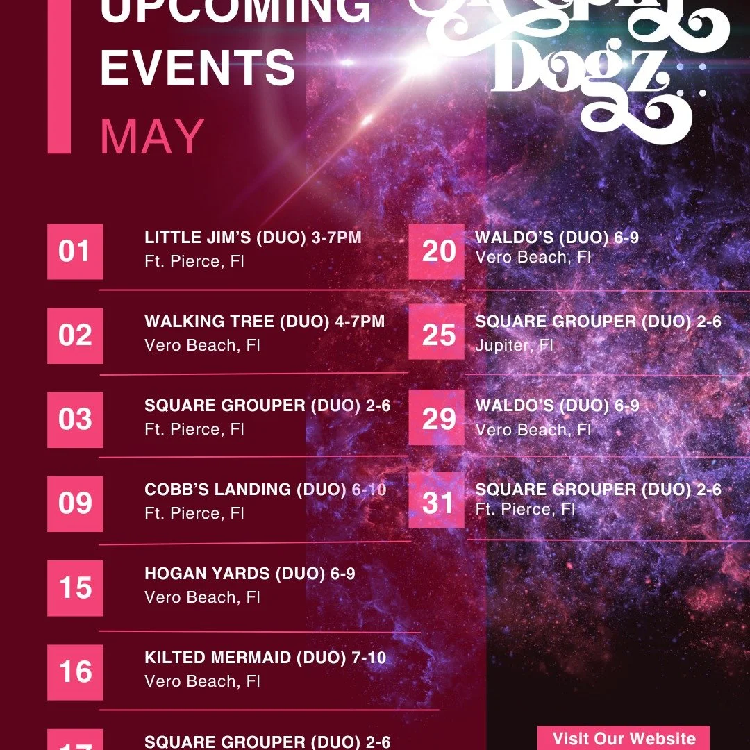 Sleepin Dogz May Shows
🔅🔅🔅🔅🔅🔅🔅🔅🔅🔅
ALL DUO SHOWS
5.1 @littlejimbaitandtackle 3-7
5.2 @walkingtreebrewery 4-7
5.3 @squaregroupertikibarfortpierce 2-6
5.9 @cobbslanding 6-10
5.15 @hoganyards 6-9
5.16 @kiltedmermaid 7-10
5.17 Square Grouper Ft.