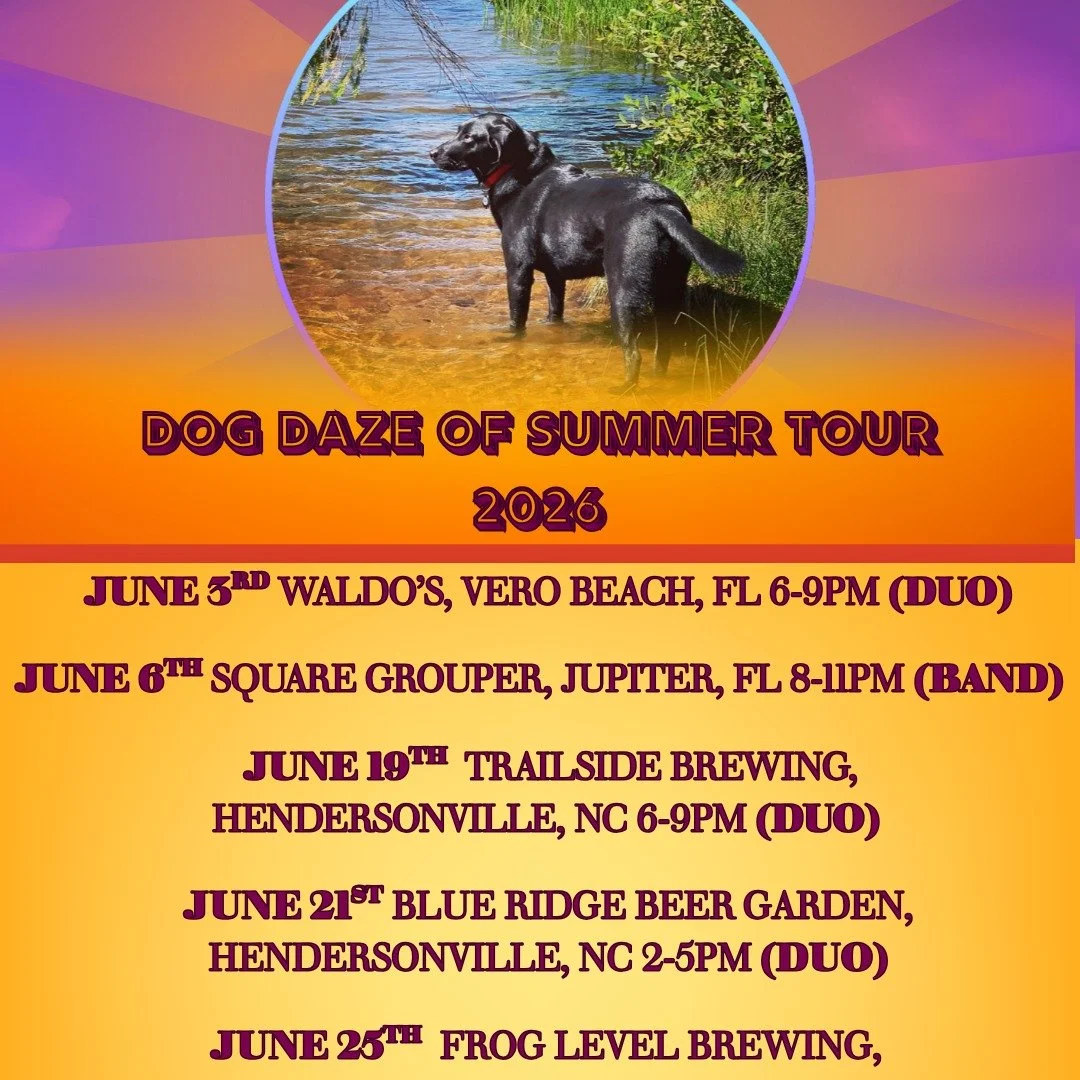 The Dogz are hitting the road again! Looking forward to seeing our Hendersonville, Waynesville and Asheville, NC friends/fans!

6.3 Waldo Driftwood 6-9 DUO
6.6 Square Grouper Jupiter Inlet 8-11 BAND
6.19 Trailside Brewing Company 6-9 DUO
6.21 Blue Ri