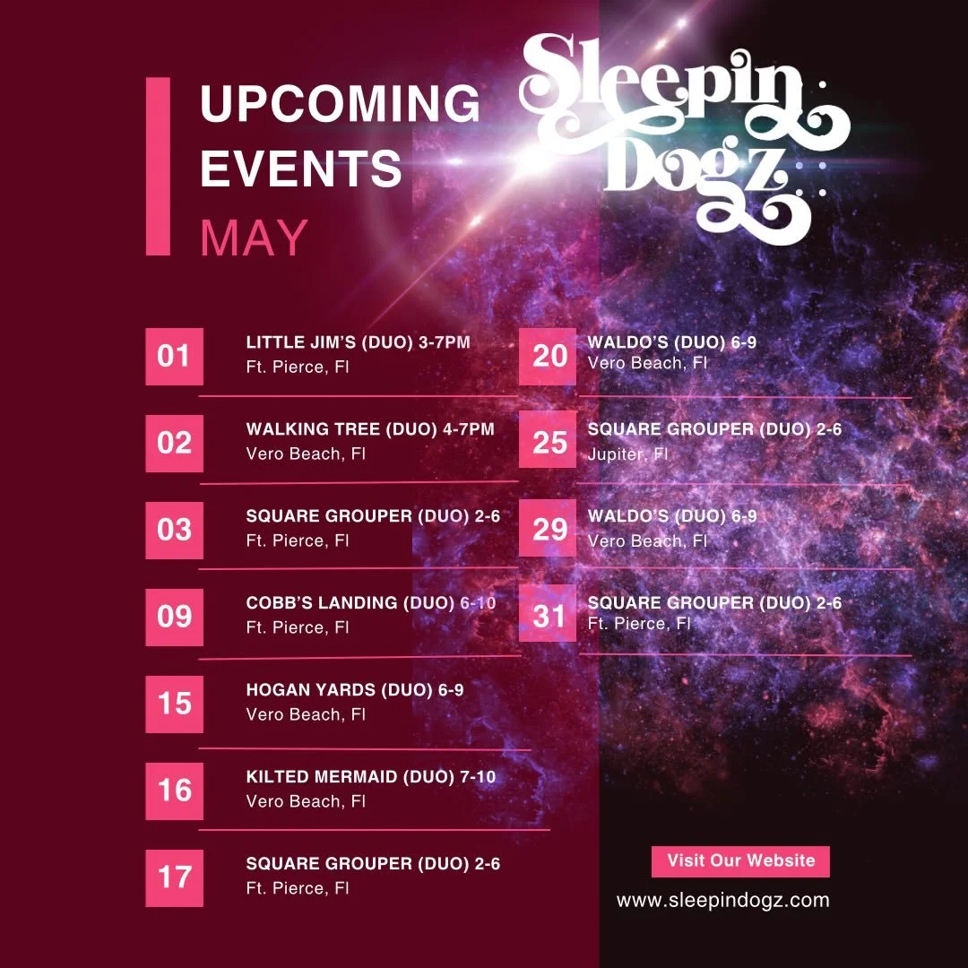 Sleepin Dogz May Shows
🔅🔅🔅🔅🔅🔅🔅🔅🔅🔅
ALL DUO SHOWS
5.1 @littlejimbaitandtackle 3-7
5.2 @walkingtreebrewery 4-7
5.3 @squaregroupertikibarfortpierce 2-6
5.9 @cobbslanding 6-10
5.15 @hoganyards 6-9❌ RESCHEDULED
5.16 @kiltedmermaid 7-10
5.17 Squar