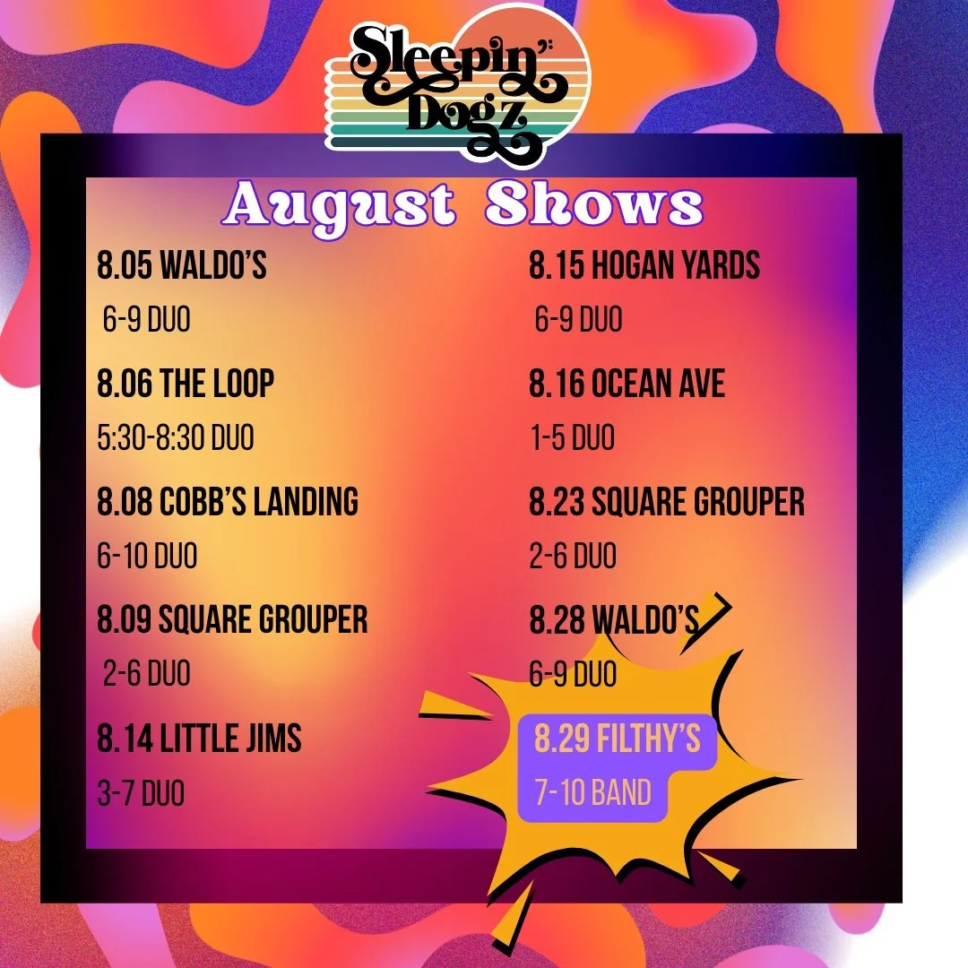 August Shows
👀👀👀👀👀👀👀
8/5 Waldo's 6-9 Duo
8/6 Live in the Loop 5:30-8:30 Duo
8/8 @cobbslanding 6-10 Duo
8/9 @squaregroupertikibarfortpierce 2-6 Duo
8/14 @littlejimbaitandtackle 3-7 Duo
8/15 @hoganyards 6-9 Duo
8/16 @oceanavesingerisland 1-5 Duo