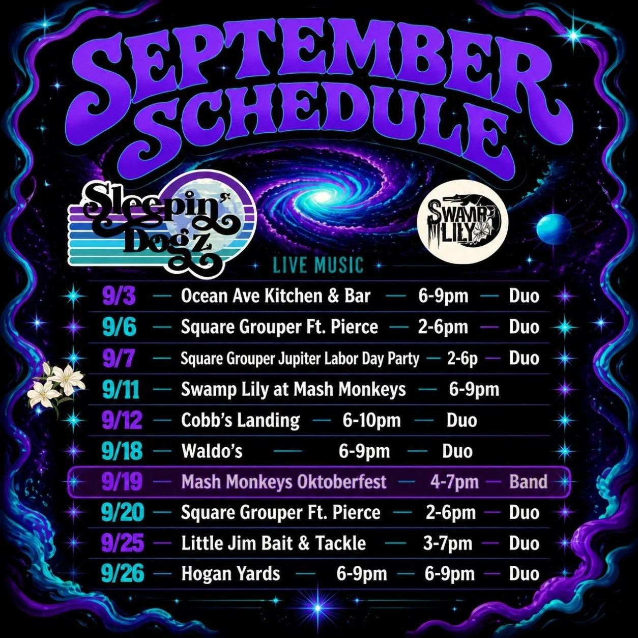 September Schedule

9/3 @oceanavesingerisland 6-9 Duo
9/6 @squaregroupertikibarfortpierce 2-6 Duo
9/7 @squaregrouperjupiterInlet 2-6 Duo
9/11 @swamplilymusic @mashmonkeysbrewingco 6-9
9/12 @cobbslanding 6-10 Duo
9/18 @Waldo's 6-9 Duo
9/19 Mash Monkey