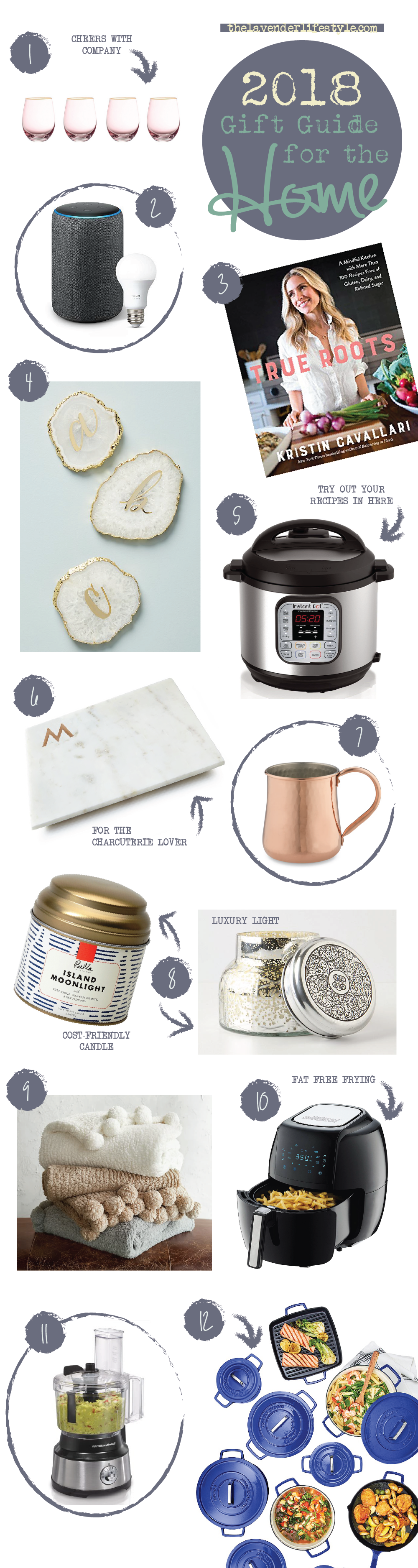 Click to Shop: 1. Jay Imports Vivienne Stemless Goblets | 2. Amazon Echo Plus, 2nd Generation | 3. True Roots: A Mindful Kitchen Cookbook | 4. Anthropologie Monogram Agate Coaster | 5. Instant Pot DUO 7-in-1 Pressure Cooker | 6. Williams Somona White Marble Monogram Board | 7. Williams Sonoma Hammered Copper Mug | 8. Bella by Illume Lidded Tin Jar Candle - Cost-Friendly Candle OR Anthropologie Capri Blue Volcano Jar Candle - Luxury Light | 9. Pottery Barn Cozy Pom Pom Throw | 10. GoWISE USA Electric Air Fryer | 11. Hamilton Beach Food Processor & Vegetable Chopper | 12. Martha Stewart Cast Iron Cookware Collection