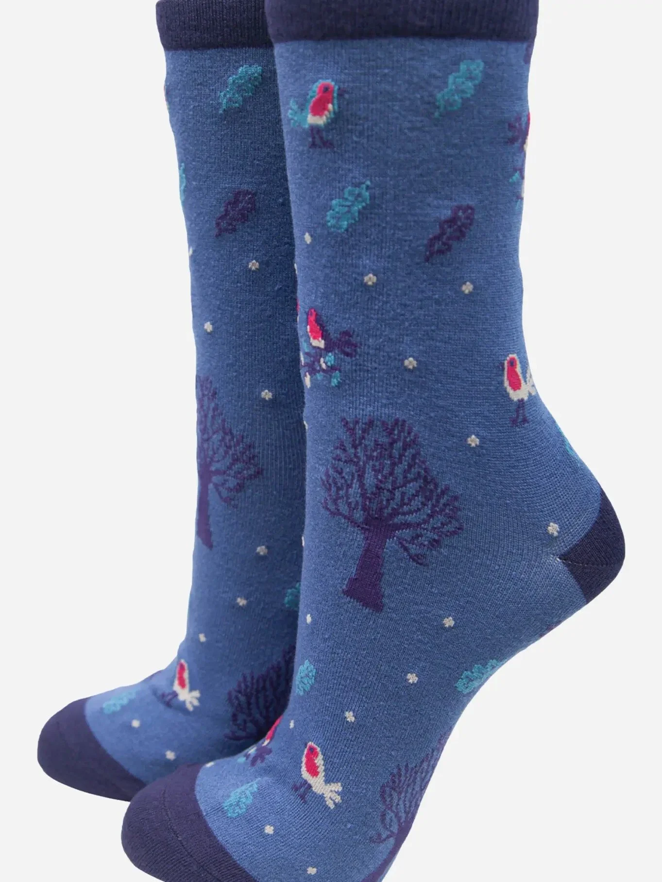 Socks - Christmas xmas robin birds and trees blue for her
