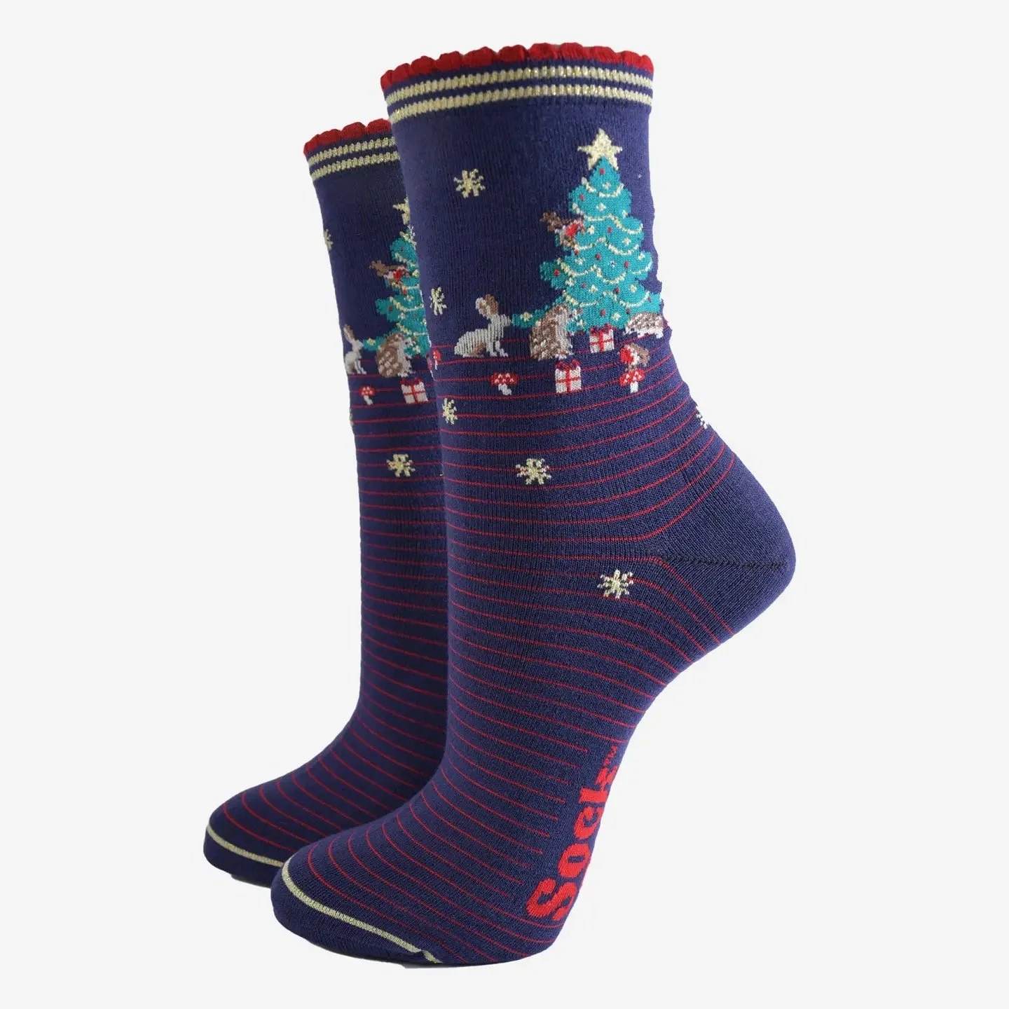 Socks - Woodland animals and Christmas Tree navy for her