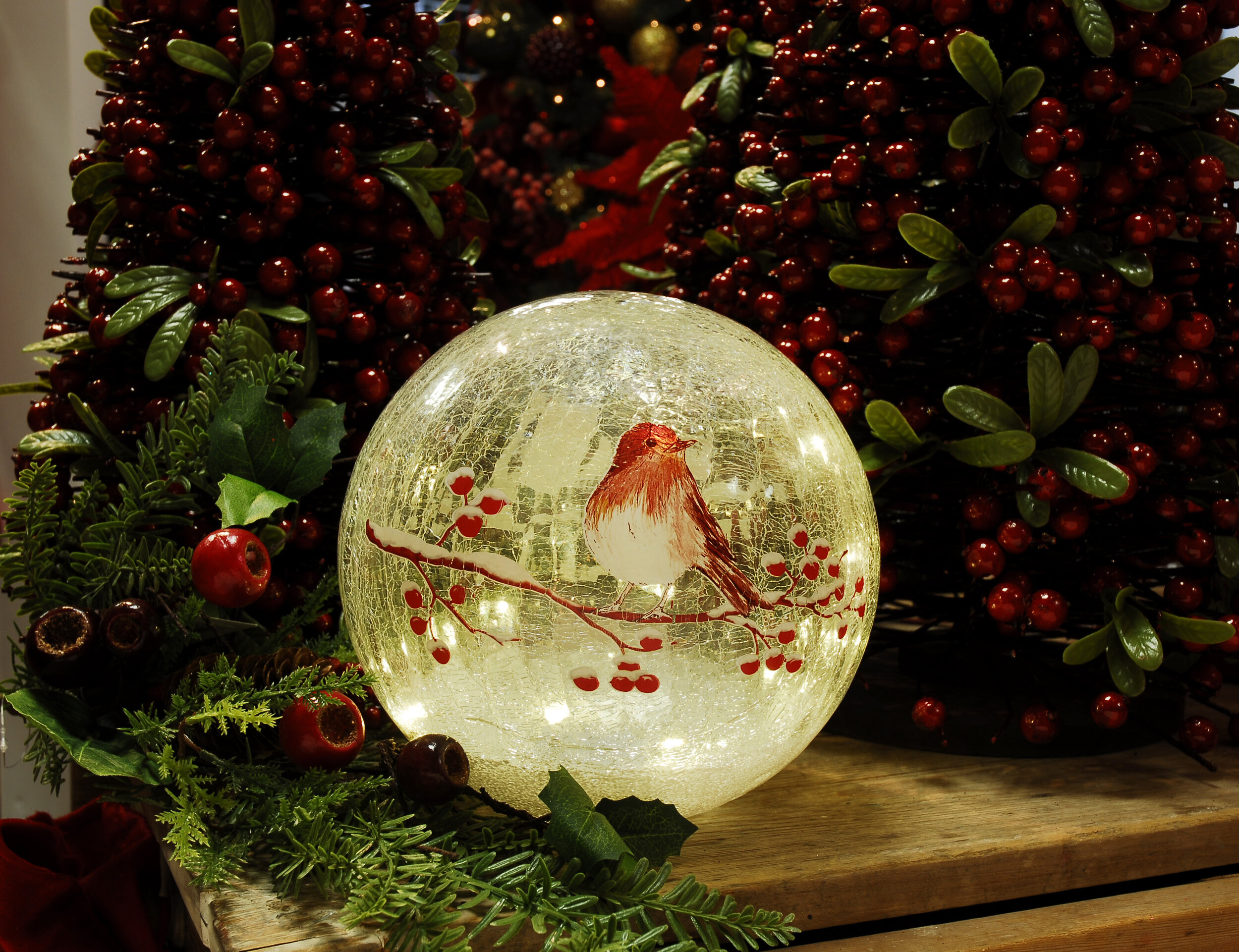 Glass ball light with robin design 