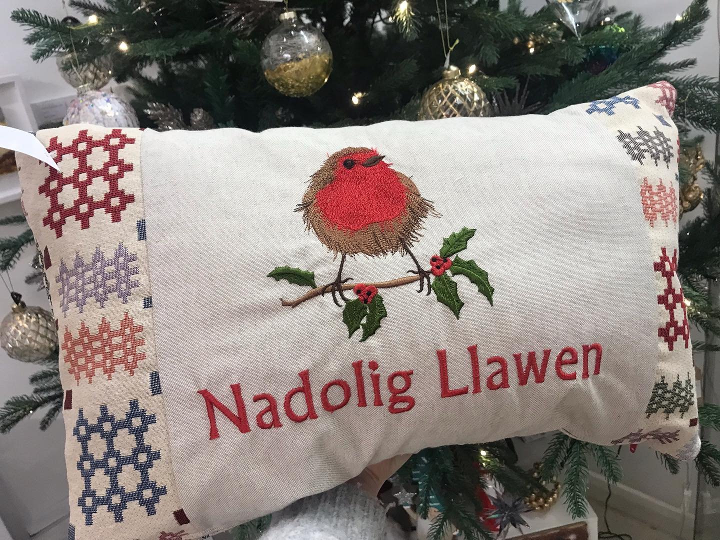 Nadolig Llawen cushions handmade in Wales back in stock.  We are happy to post these if you live further away, just give a call on 02920520884 with your card or head to our website to purchase with PayPal www.victoriafearngallery.wales