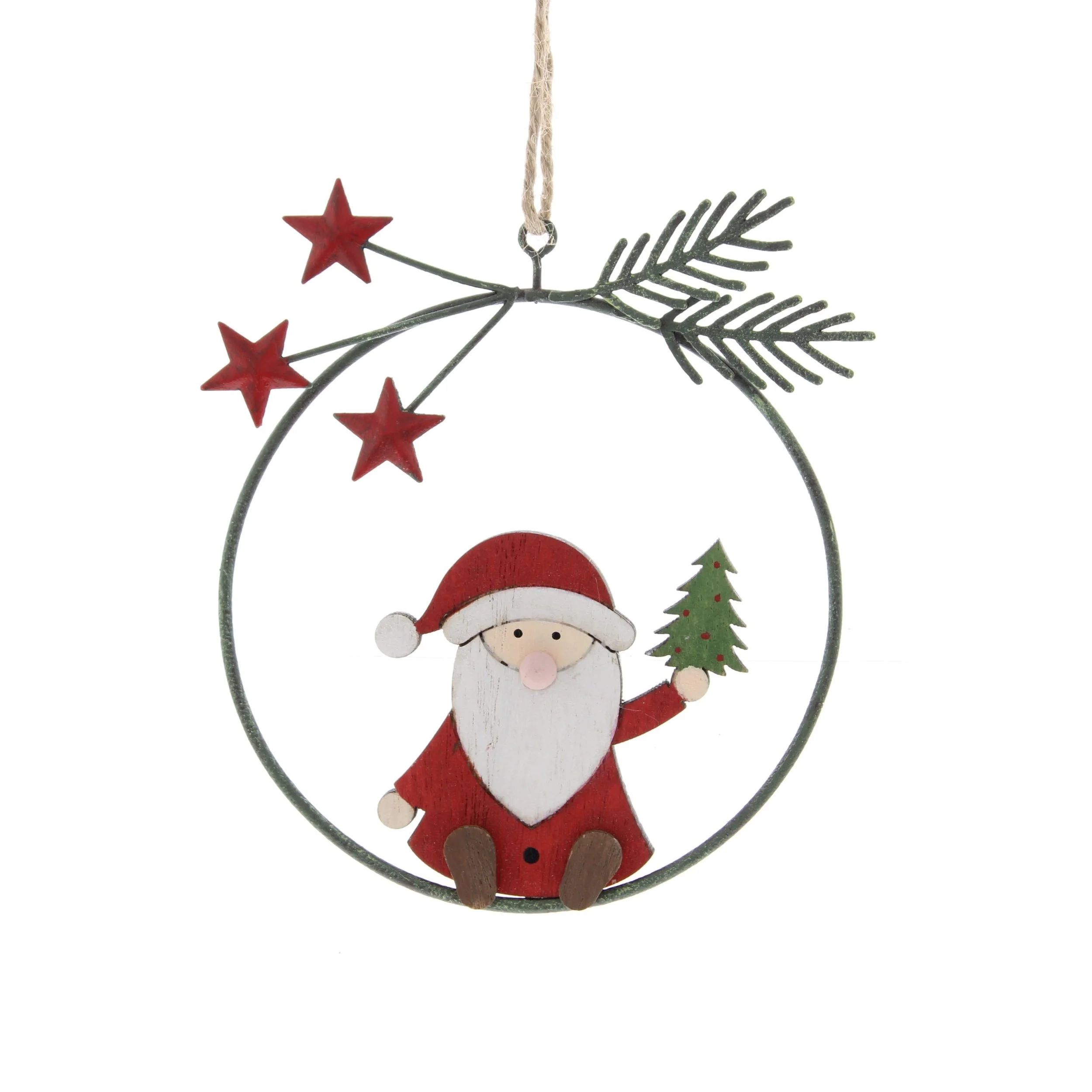 Hanging metal ring with wooden Santa