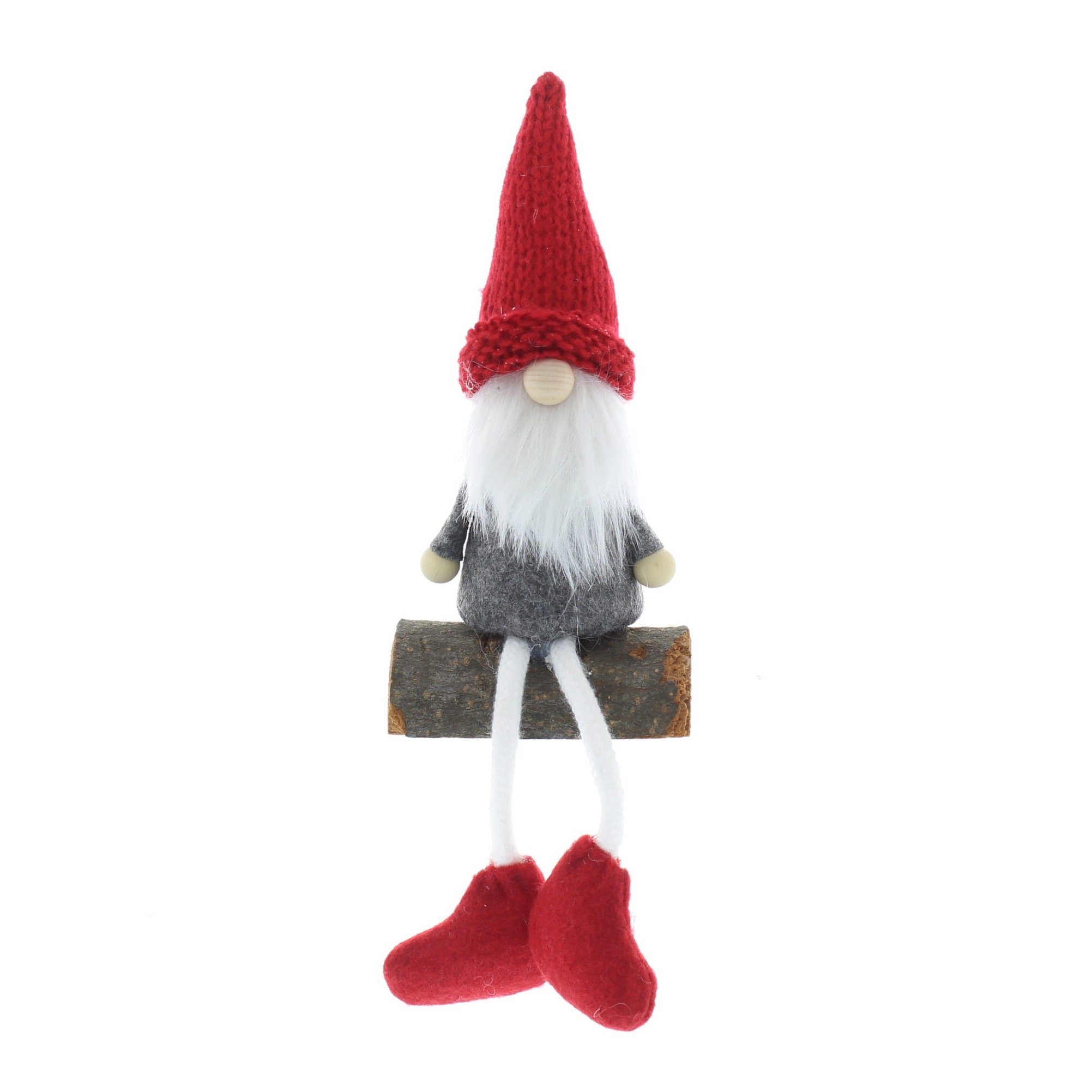 Gonk - Red and grey with dangly legs sitting on a log