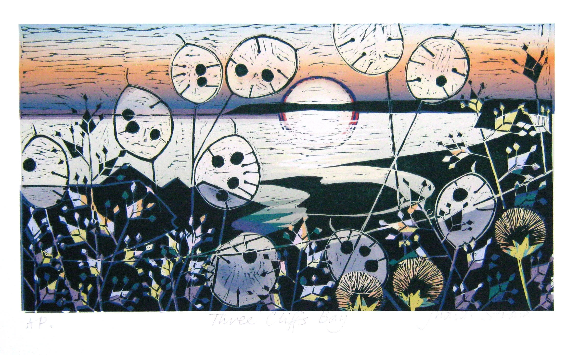 Lino print - Three Cliffs Bay by Judith Stroud