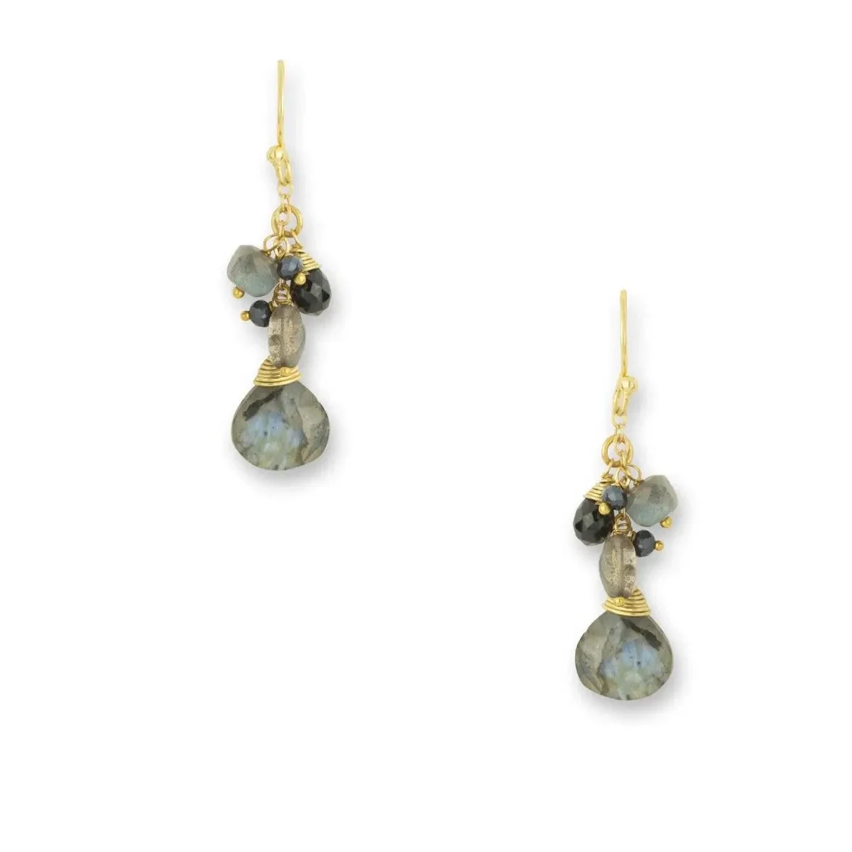 Earrings - Labradorite dropstone with onyx and pearl beads