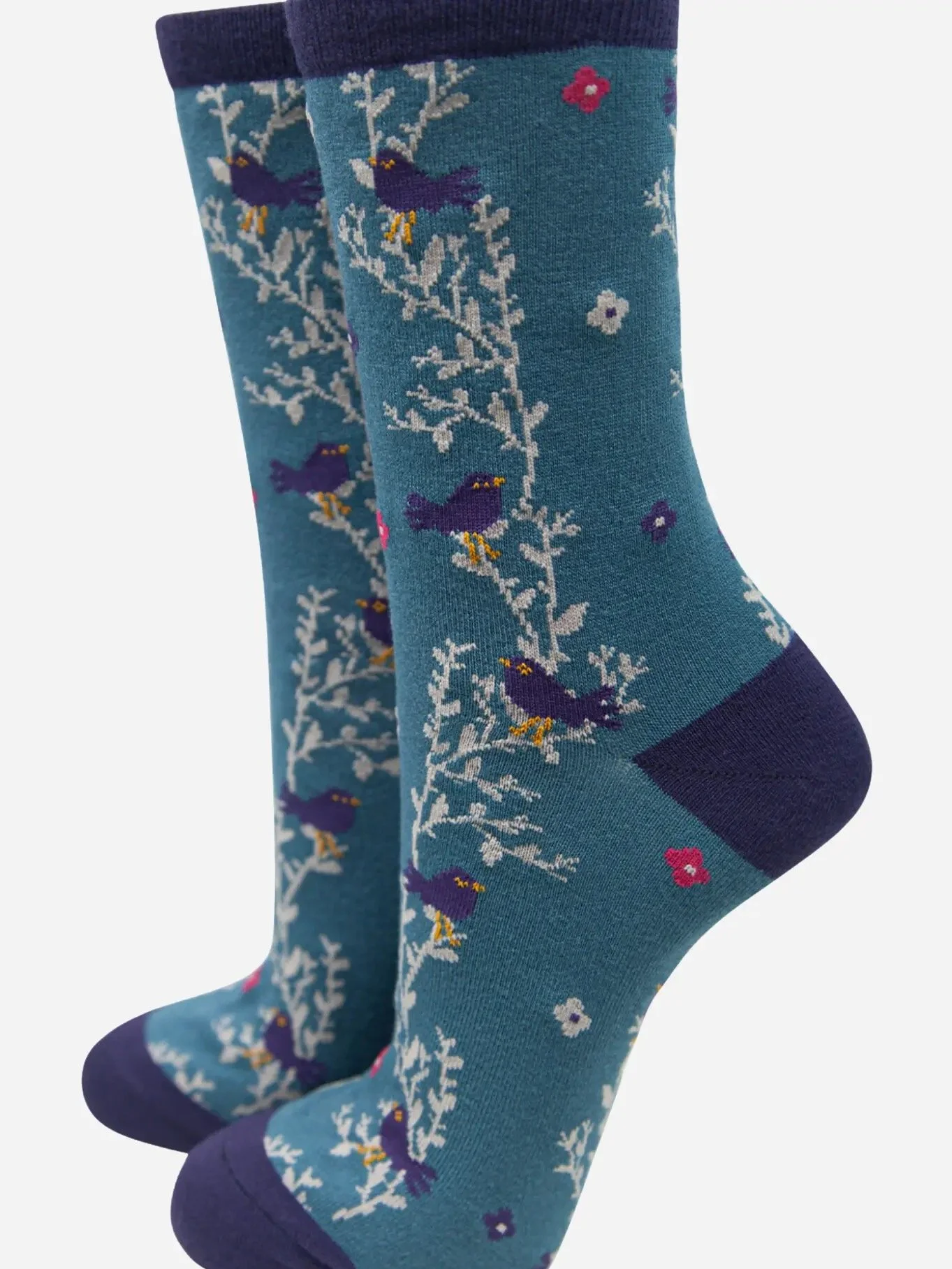 Socks - Blackbird vine floral print blue for her