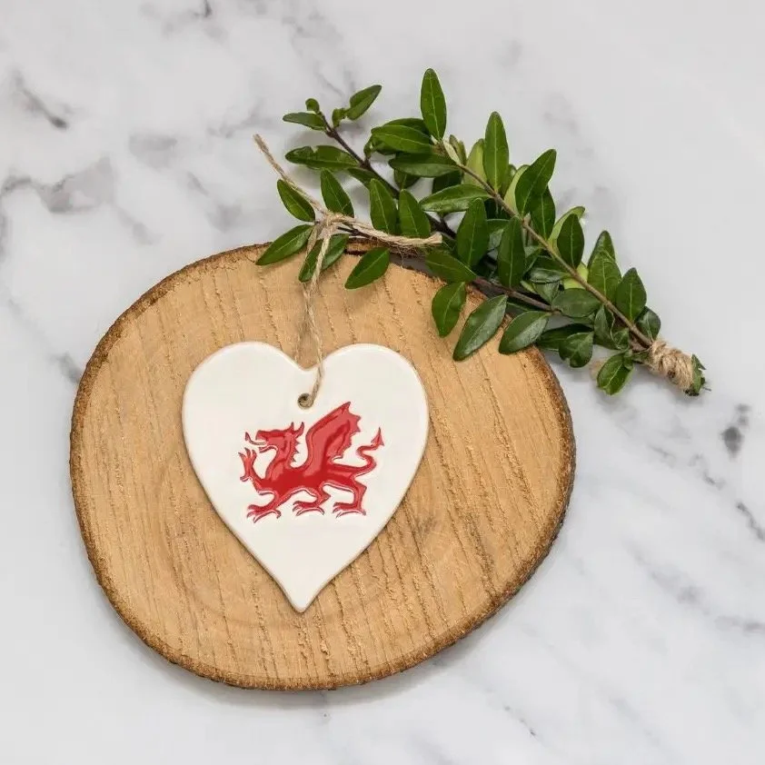 Hanging - Welsh Dragon ceramic heart