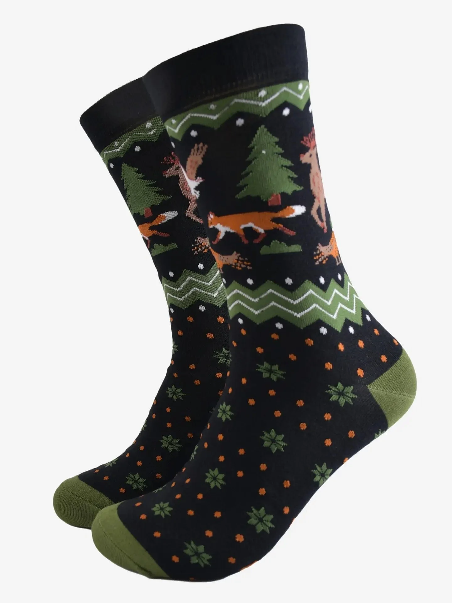 Socks - Festive woodland animals black green for him