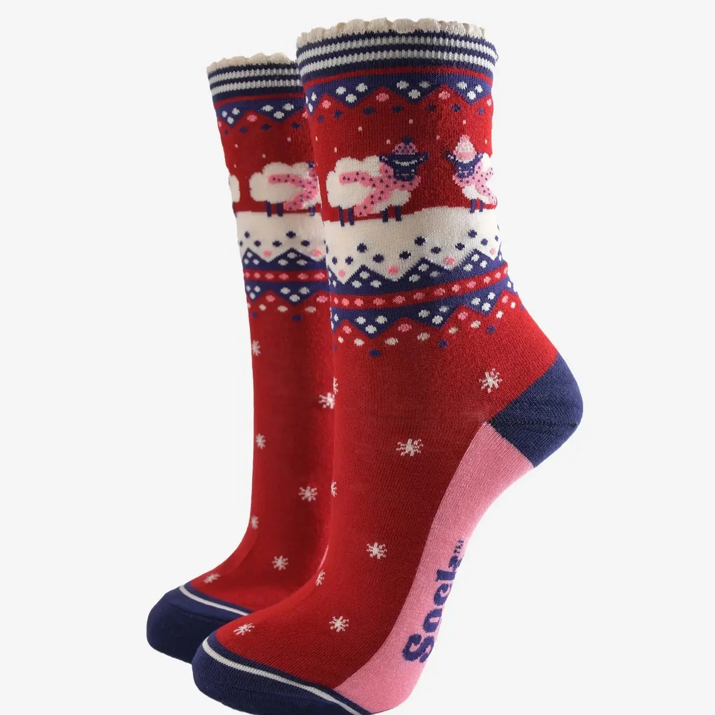 Socks - Festive sheep red with navy for her