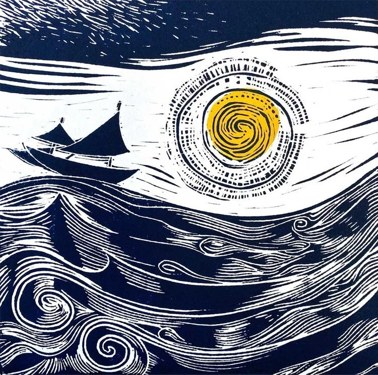 Lino print - Bright sun by Kim Carlew