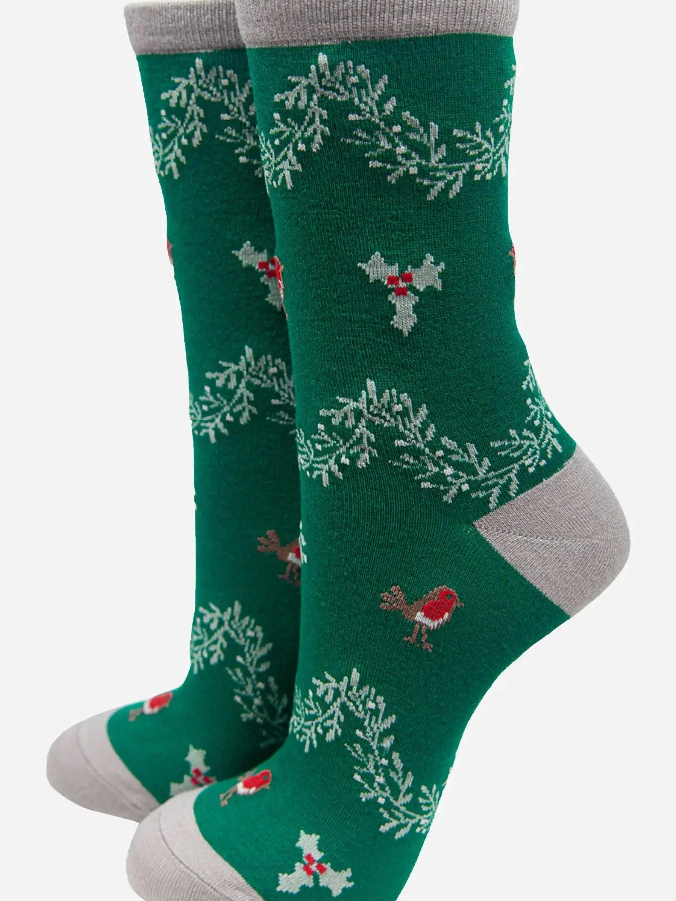 Socks - Festive green garland and robin for her