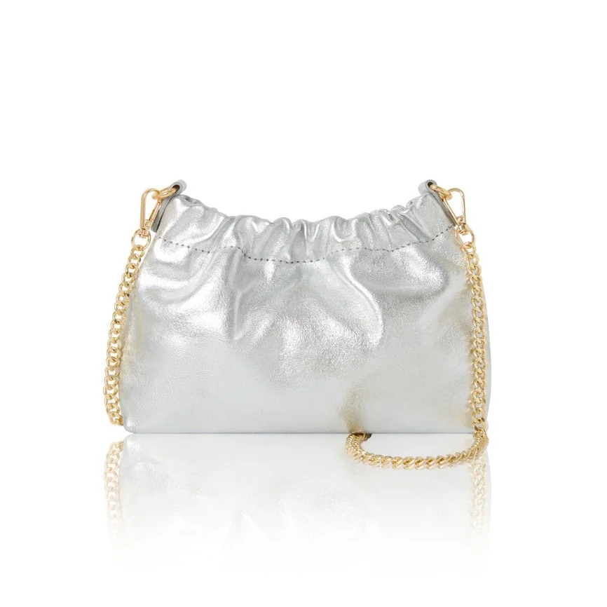 Leather evening bag - Silver metallic with chain