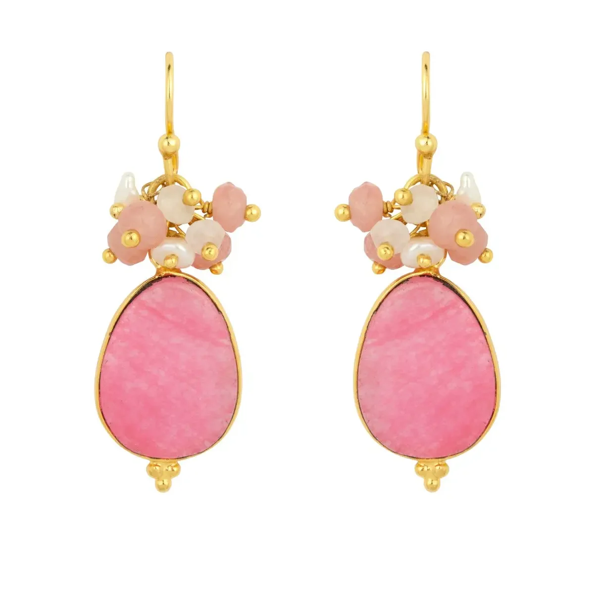 Earrings - Pink Jade large drops with bead cluster