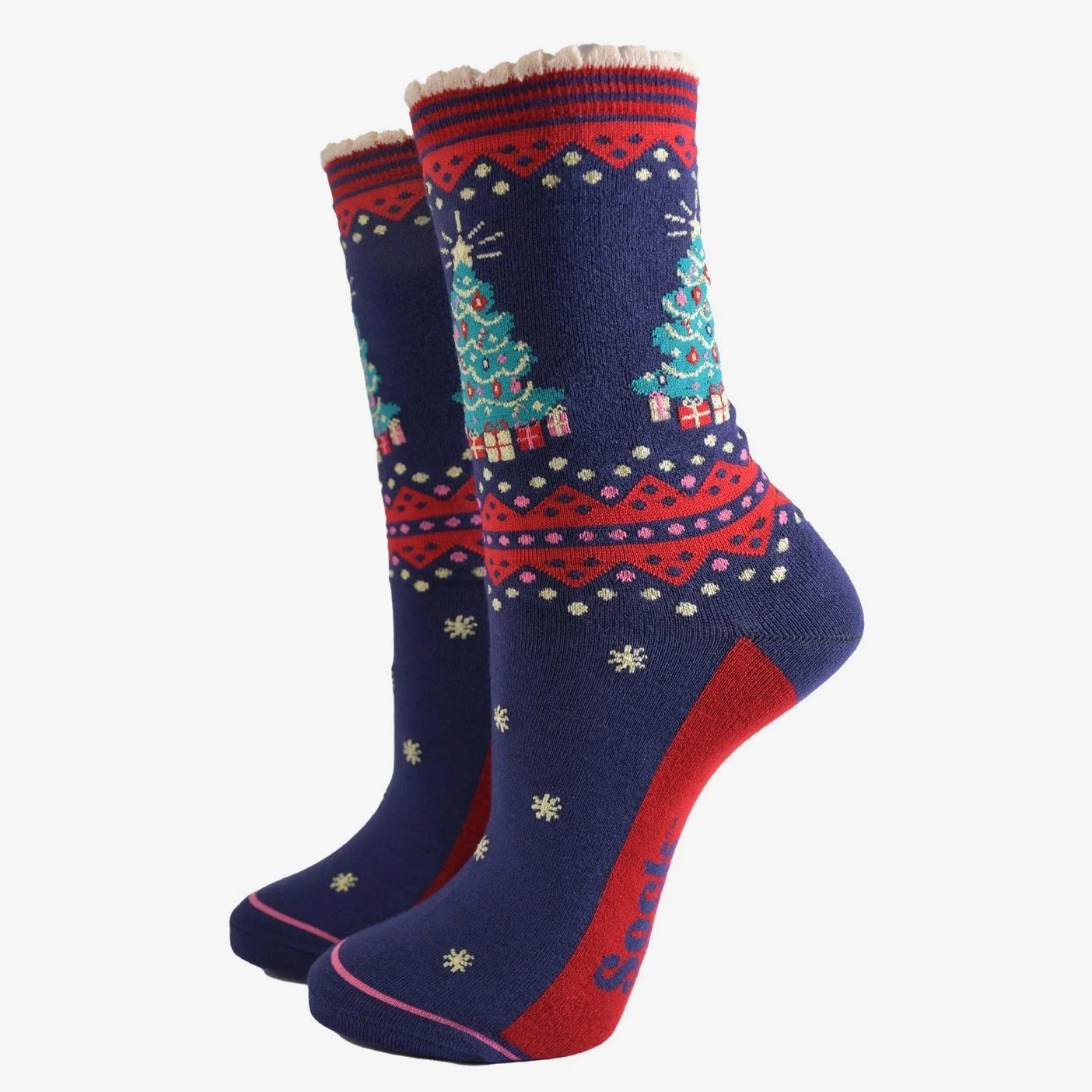 Socks - Christmas tree navy blue and red for her