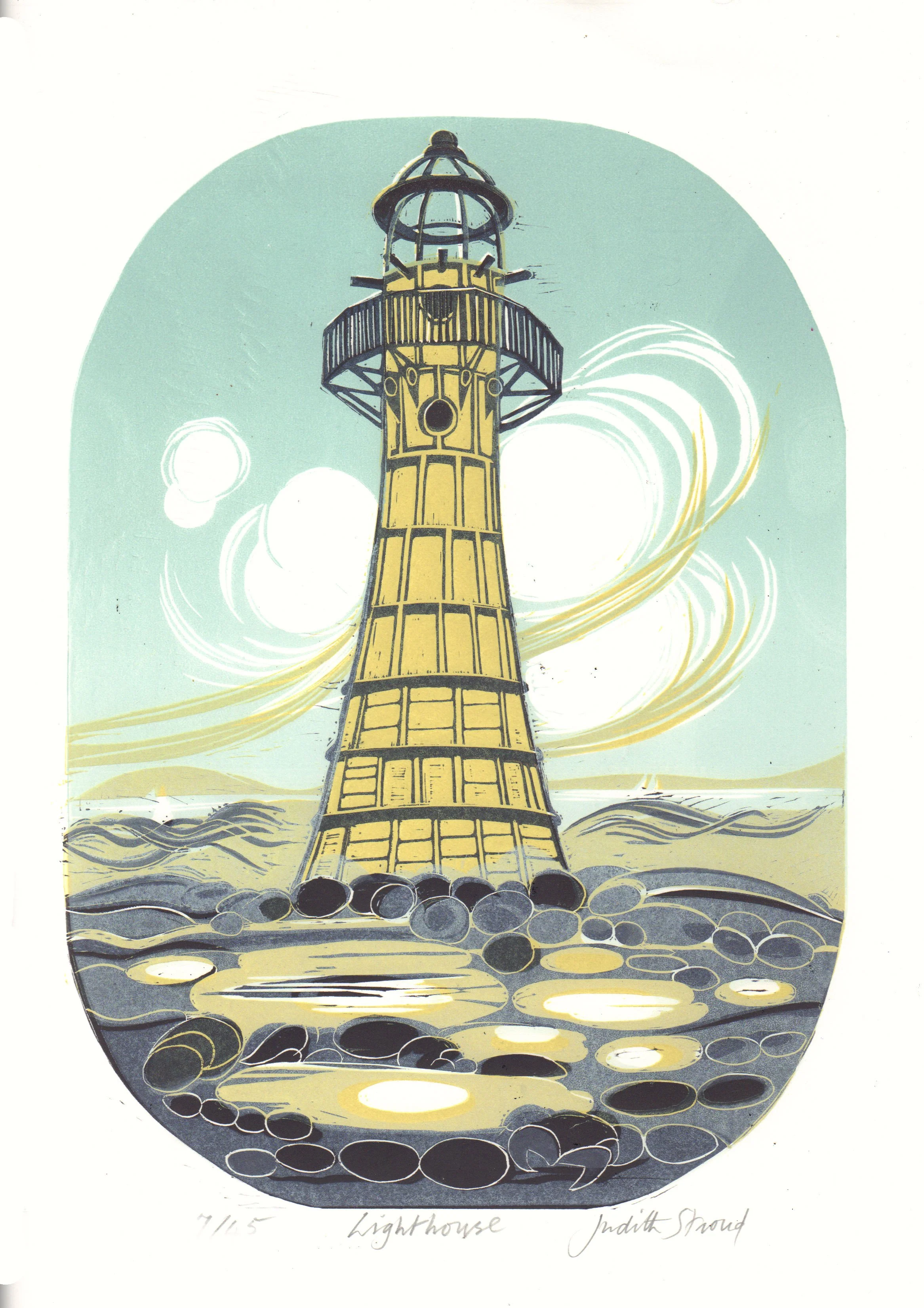 Lino print - Lighthouse by Judith Stroud