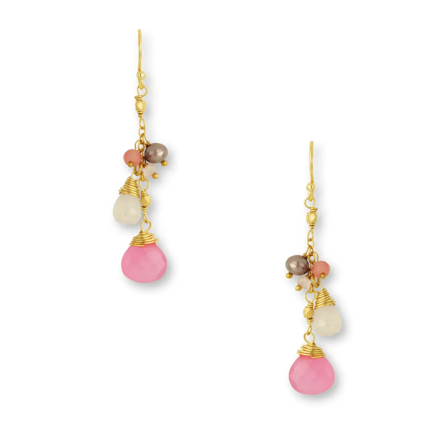 Earrings - Pink Jade dropstone and bead cluster drops
