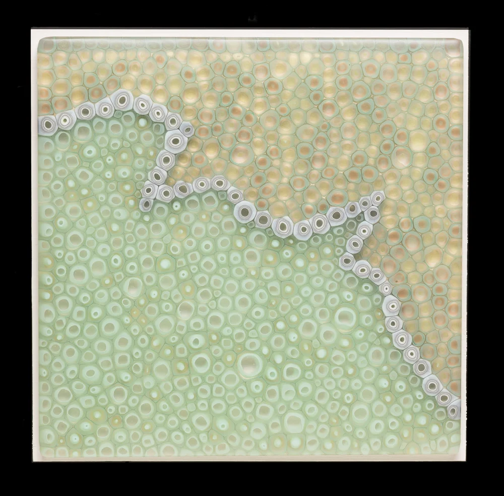 “The Road of Success” 10” X 10 hanging glass art This piece was created using pre-made glass cane which makes colored patterns that are revealed when the cane is cut into thin cross sections. The pieces of murrine are placed close together and fused in a kiln creating one solid piece. This piece is using mostly transparent murrine and is mounted onto a painted 10” X 10” wooden frame for hanging.