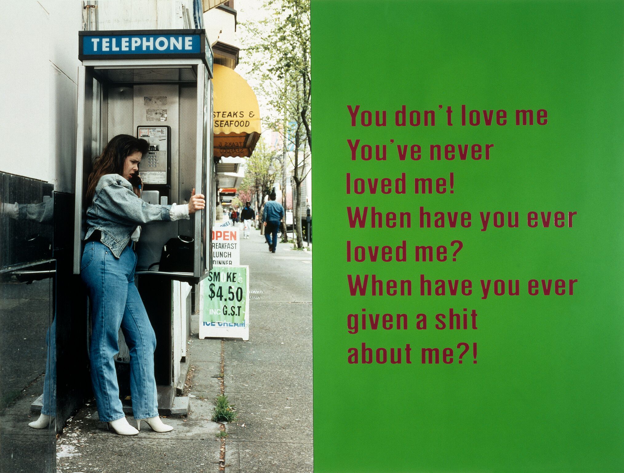 Ken Lum Onions and Eggs , 1994 Portrait-Repeated Text Series chromogenic print, aluminum, enamel, Sintra 72 x 96 in (182.9 x 243.8 cm)