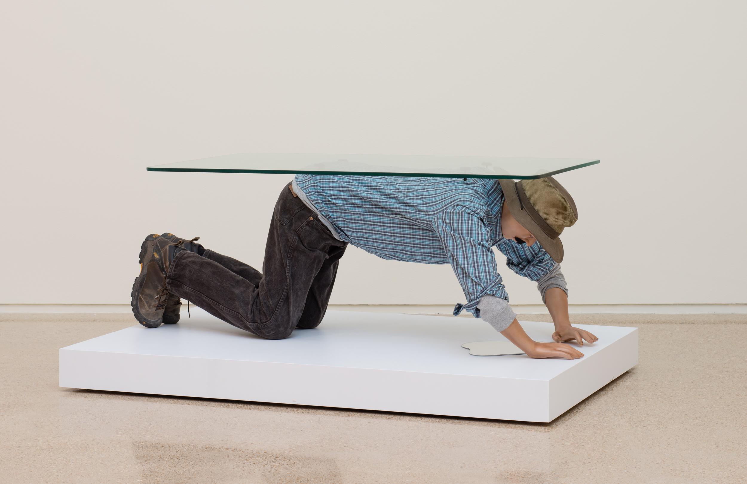  Alejandro Diaz  Muebles (Table),  2015 cast resin, paint, clothing, hair, and glass 62 x 32 x 21 in (157.48 x 81.28 x 53.34 cm) 