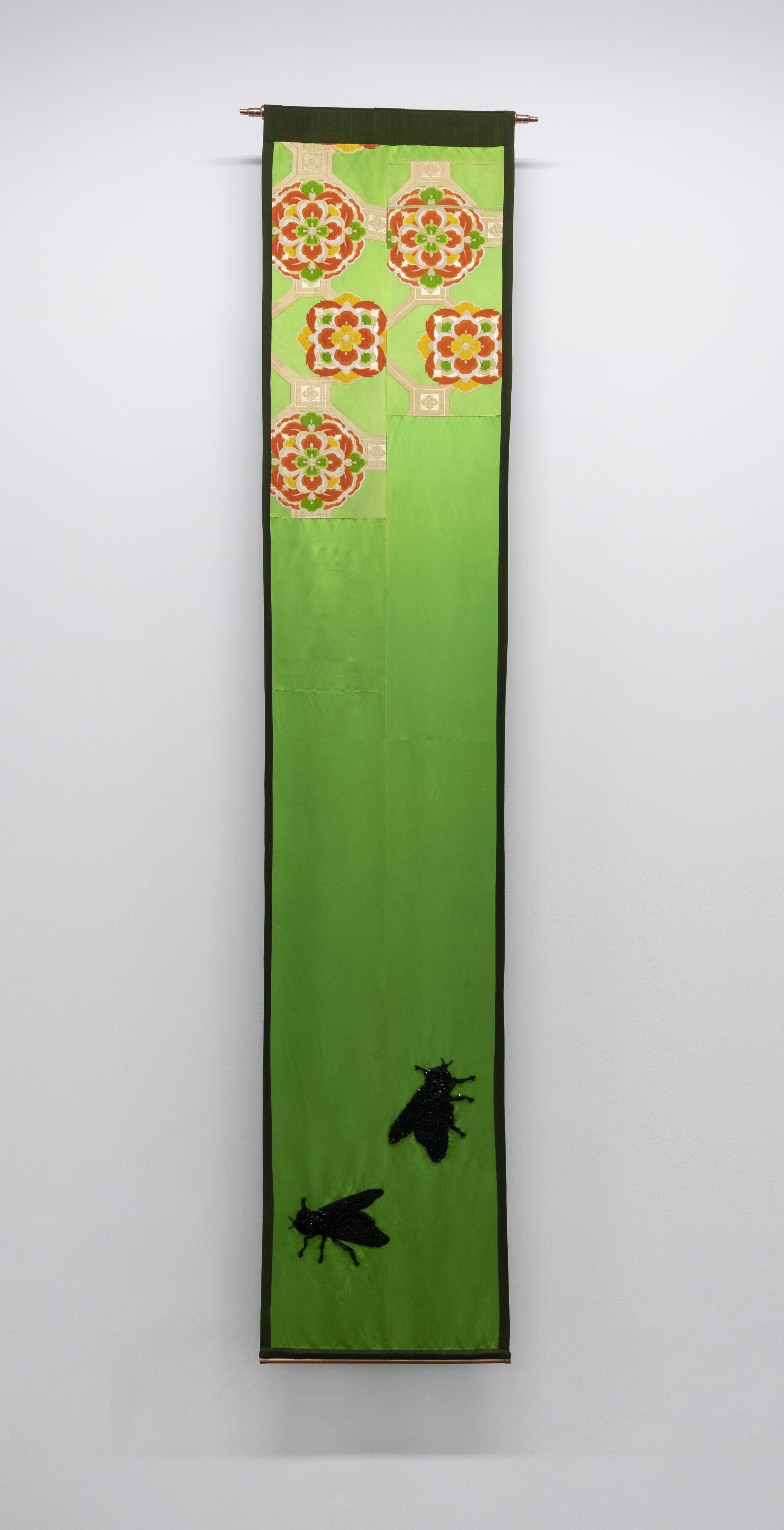  Joel Otterson  Flies on the Wall  , 2016 silk fabrics, black glass, onyx, spinel beads, copper plumbing and fitting 120 x 24 x 5 in (304.8 x 61 x 12.7 cm) 