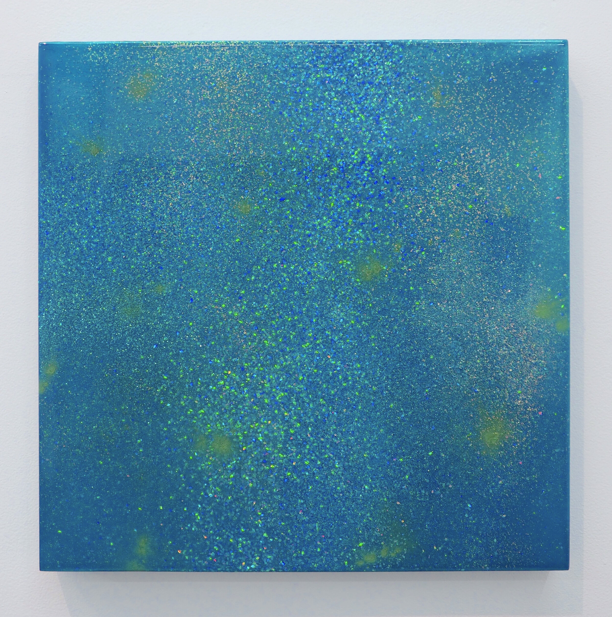   Green Blow , 2020 urethane, candy paint, flake, holographic flake, and pearl flake on wood panel 18 x 18 in (45.7 x 45.7 cm)  