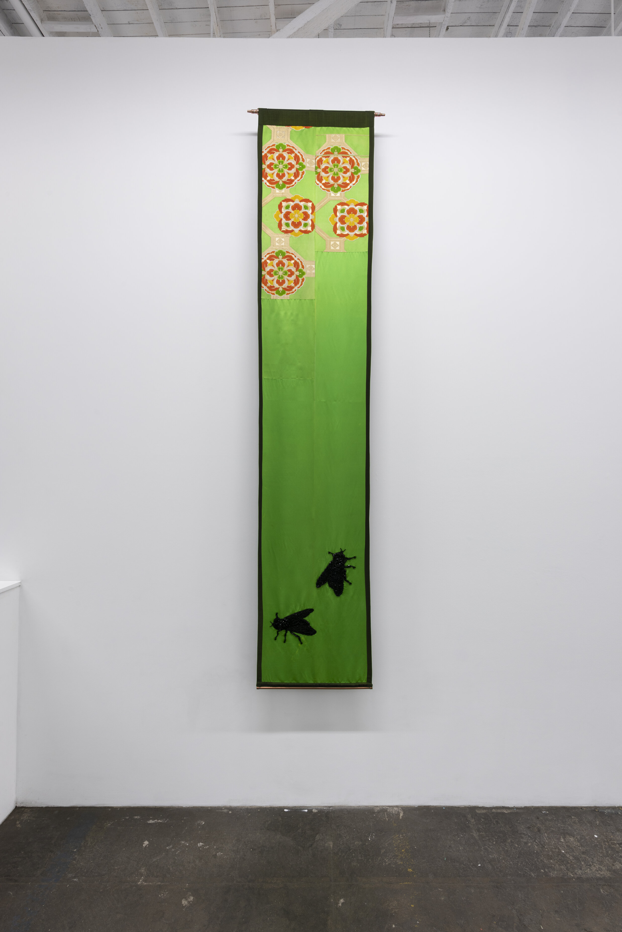   Flies on the Wall  , 2016 silk fabrics, black glass, onyx, spinel beads, copper plumbing and fitting 120 x 24 x 5 in (304.8 x 61 x 12.7 cm) 
