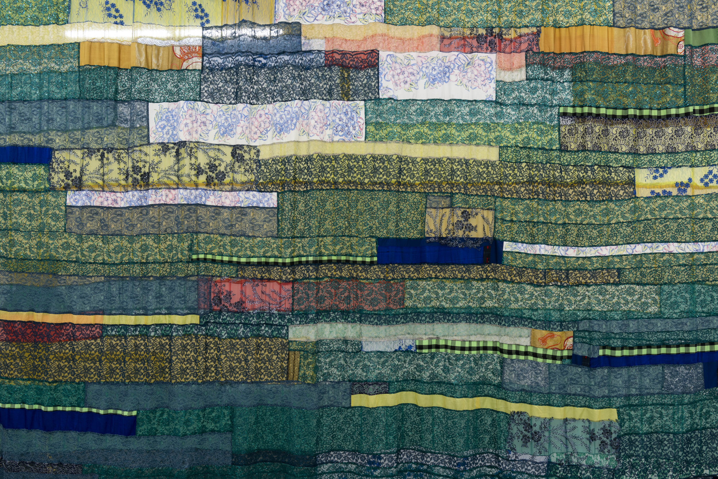  Detail of  Sea of a Thousand Greens , 2018 wool, cotton, polyester, rayon, nylon fabrics, lace, glass beads and sequins 149 1/2 x 166 1/4 x&nbsp; 1/2 in&nbsp; (379.7 x 422.3 x 1.3 cm) 