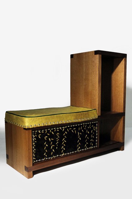  Joel Otterson  Mixed Marriage (In Love Seat) , 2018 walnut, oak, aromatic cedar, leather, embroidered velvet, and brass&nbsp; 44 x 50 x 18 in (111.8 x 127 x 45.7 cm) 