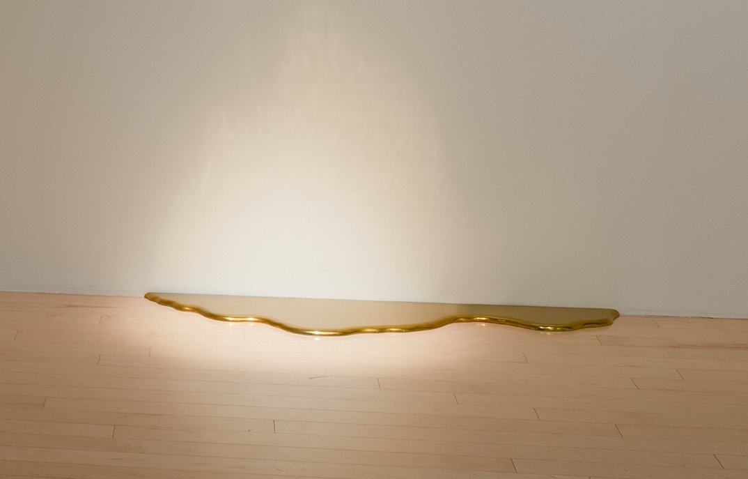  Karen Lofgren  Gold Flood , 2009/2019 automotive paint on plywood &nbsp;3/4 x 57 x 22 in (1.9 x 144.8 x 55.9 cm) 