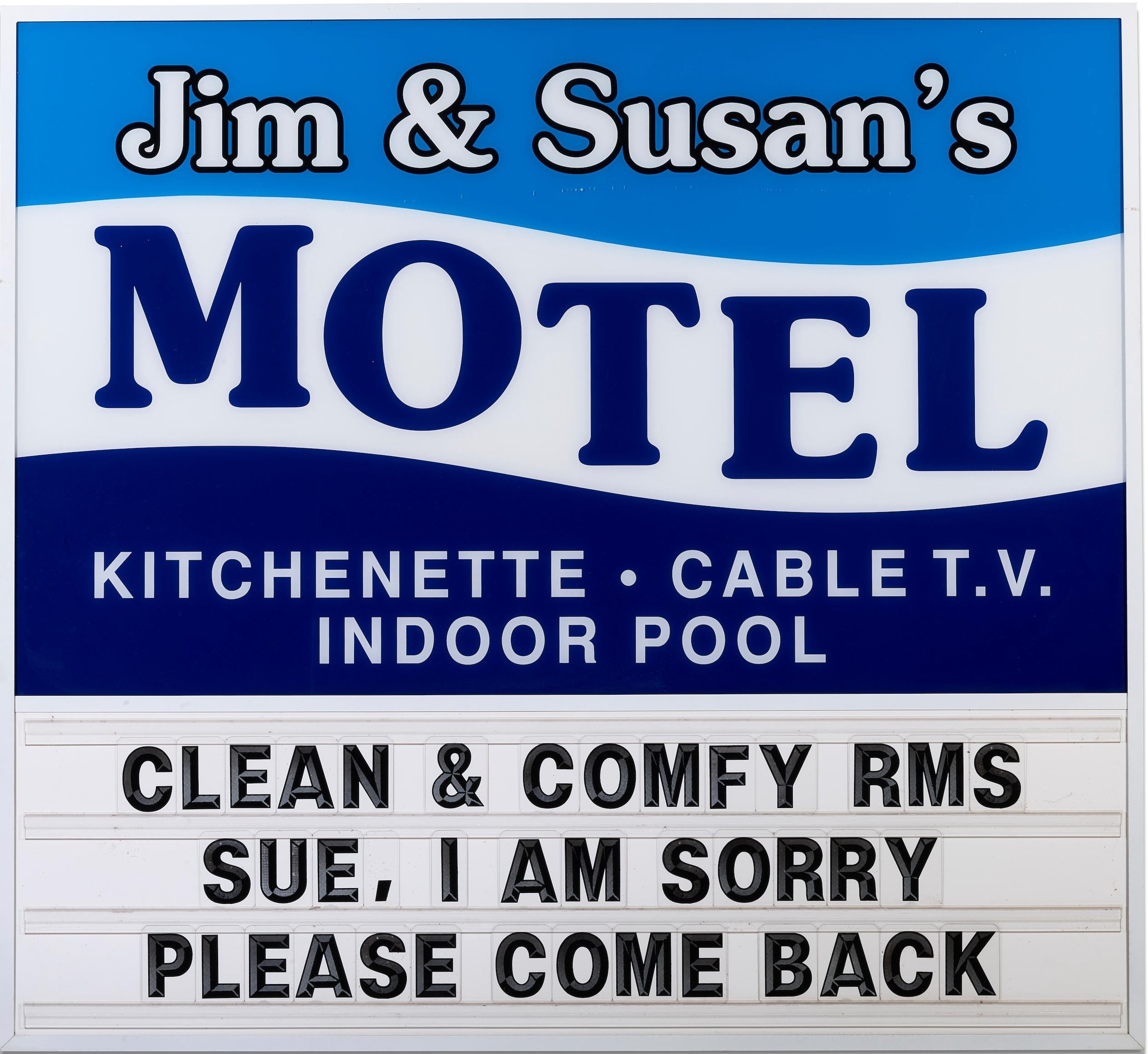  Ken Lum  Jim and Susan's Motel  , 2000 plexiglass, powder-coated aluminum, enamel, glue, plastic letters 66 x 72 x 2 in (167.6 x 182.9 x 5.1 cm) 