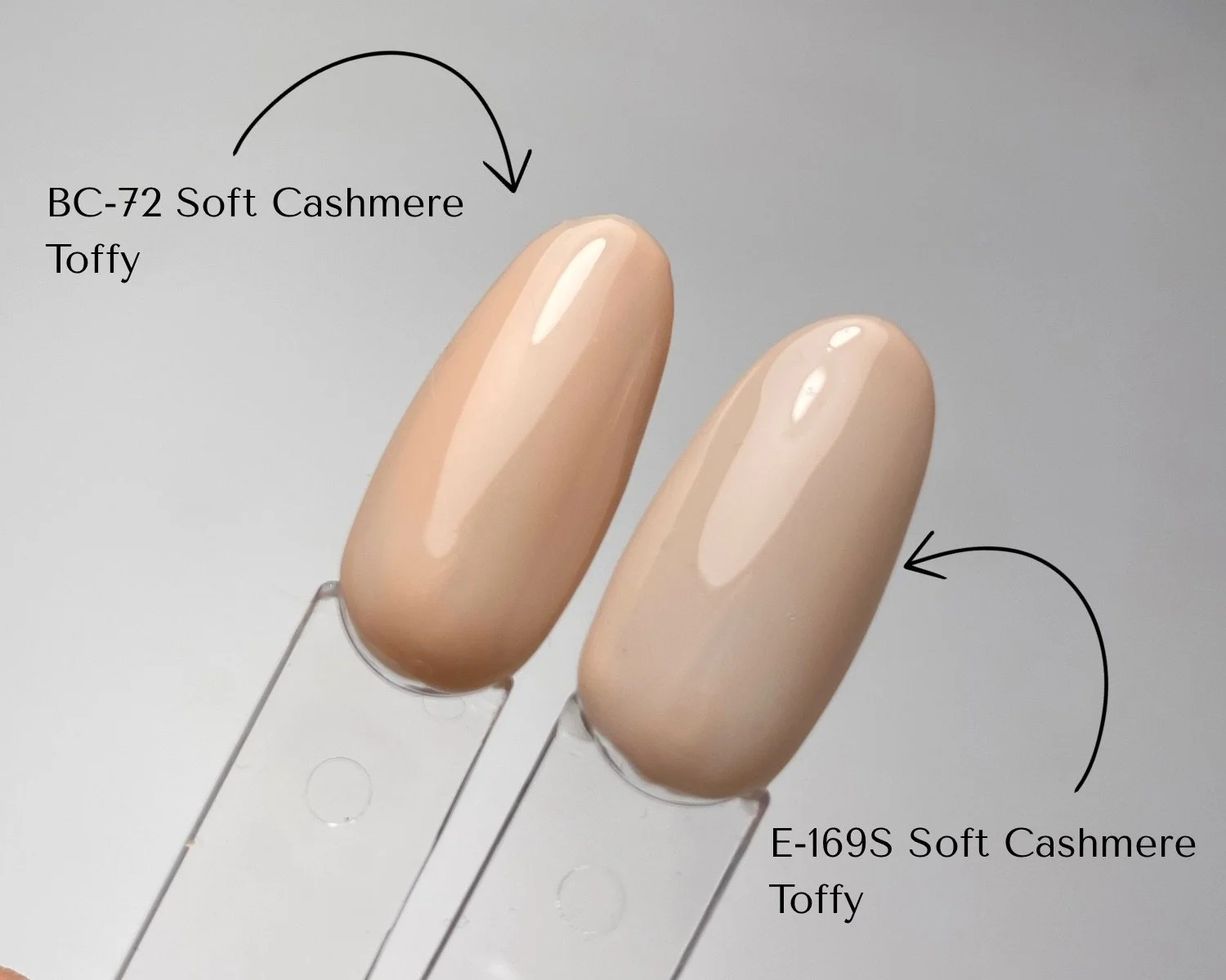 Side-by-side comparison of KOKOIST Bottle'N Go BC-72 Soft Cashmere Toffy and Excel Color E-169S Soft Cashmere Toffy swatched on clear swatch sticks.