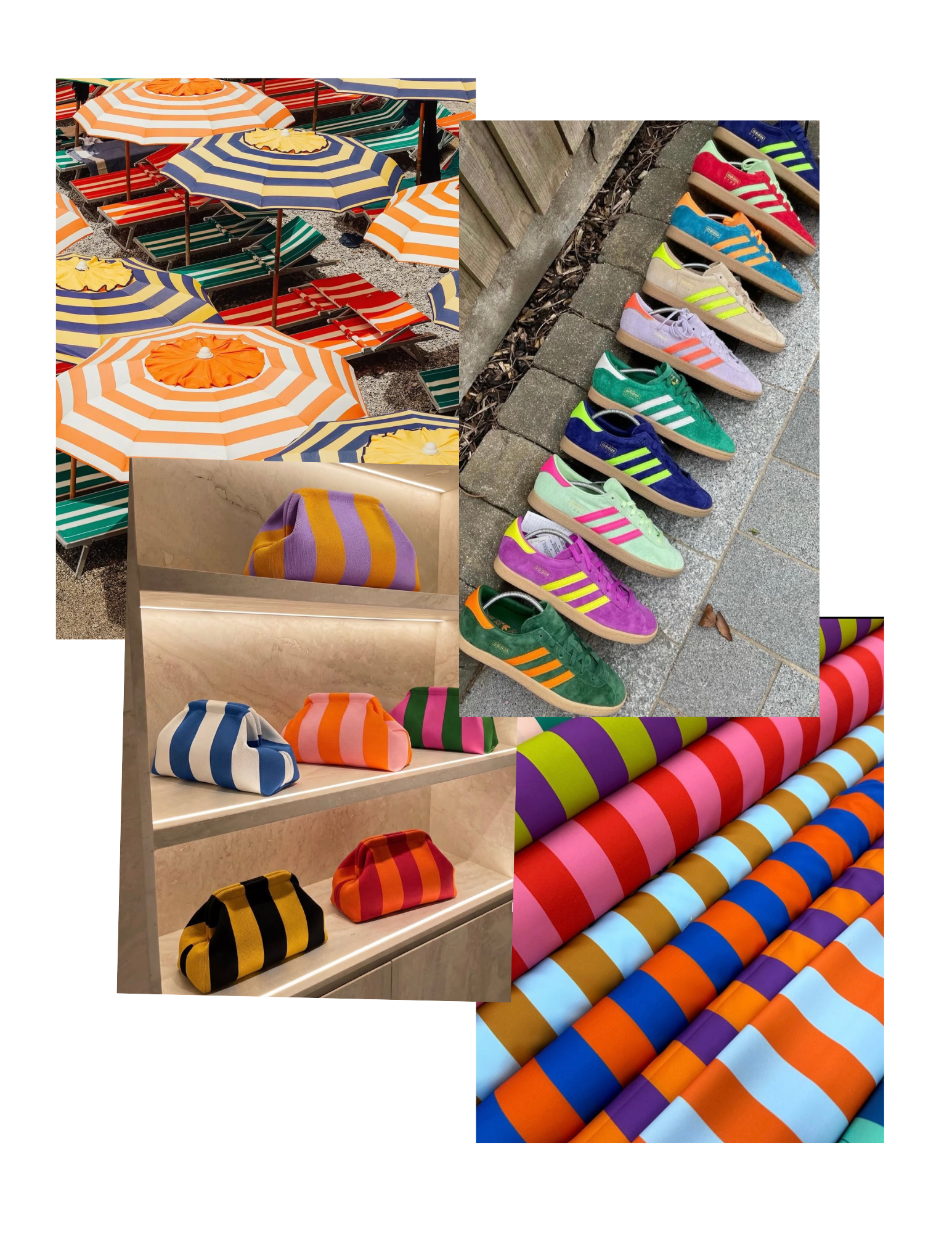 Summer stripe moodboard featuring colorful striped beach umbrellas, Adidas sneakers, woven bags and bold striped textiles in combinations of orange, blue, green, pink, purple, yellow and red.