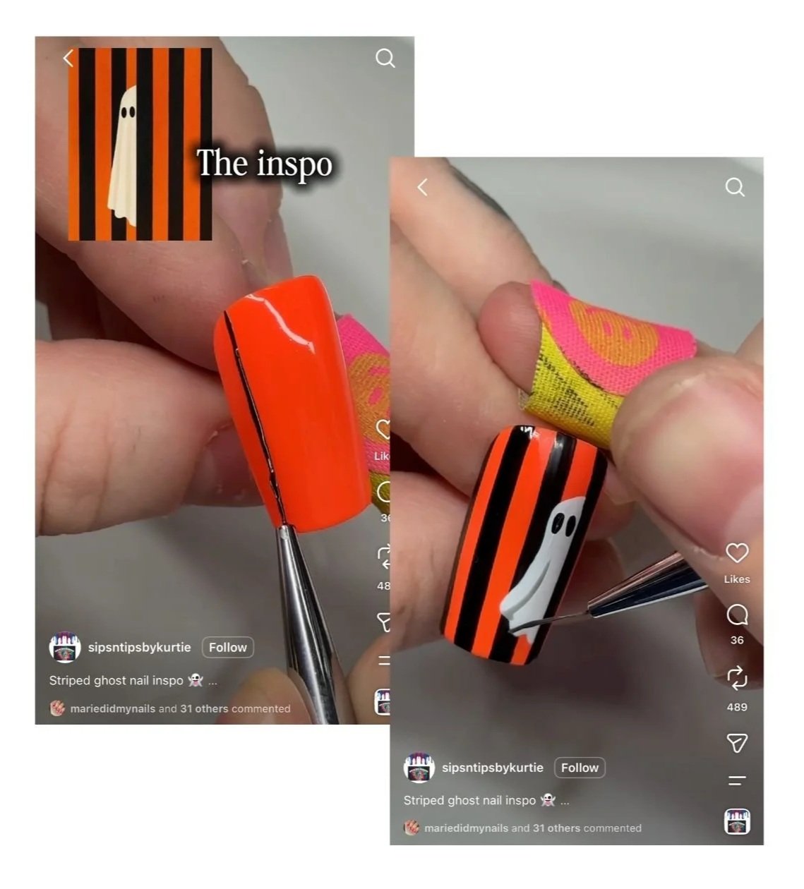 Screenshots from Kurtie's nail art tutorial showing orange and black striped ghost nails alongside the ghost illustration used as inspiration.