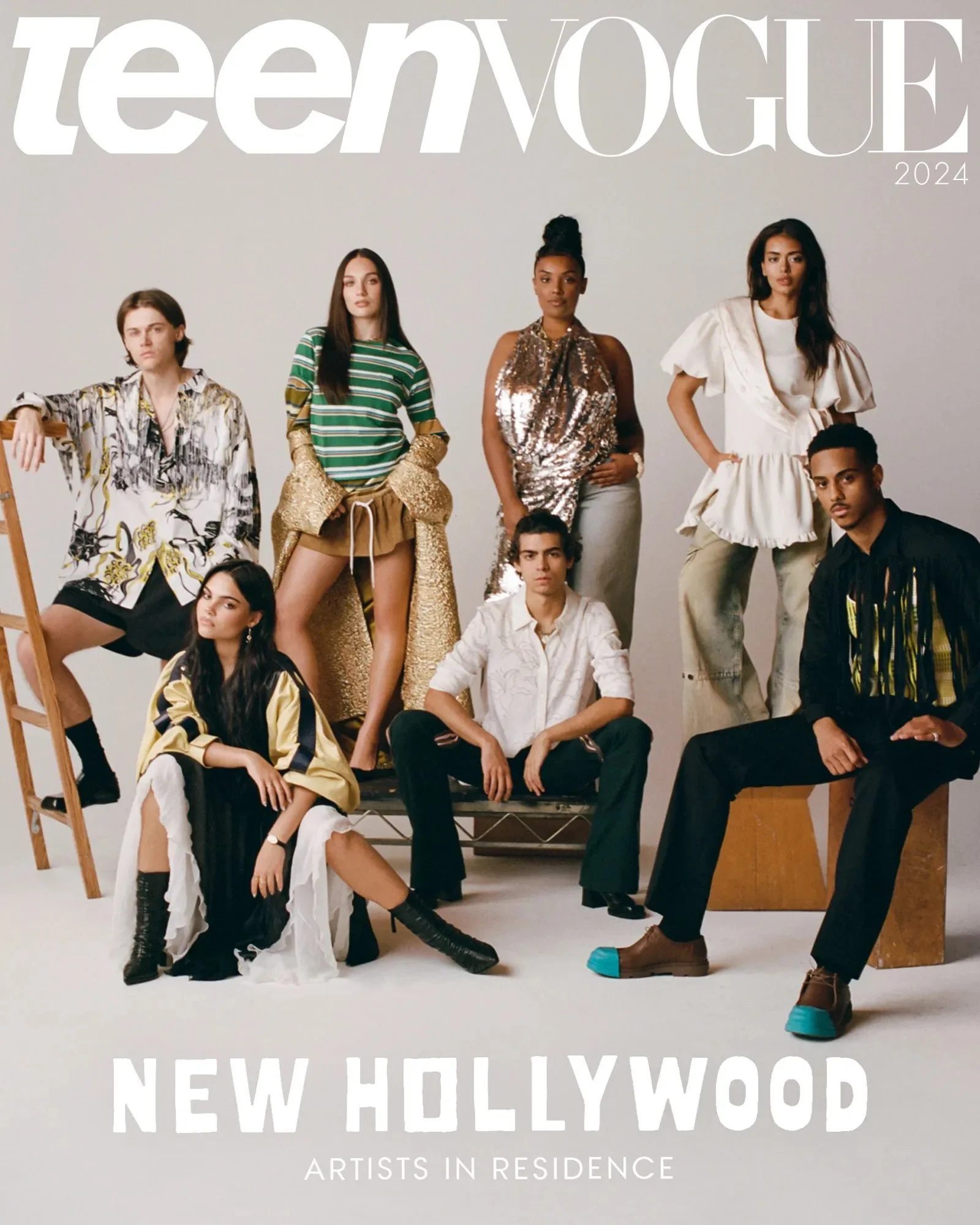 Cover of Teen Vogue's New Hollywood Class of 2024 featuring seven rising actors posed together in a studio portrait. The group wears contemporary fashion against a minimalist backdrop.