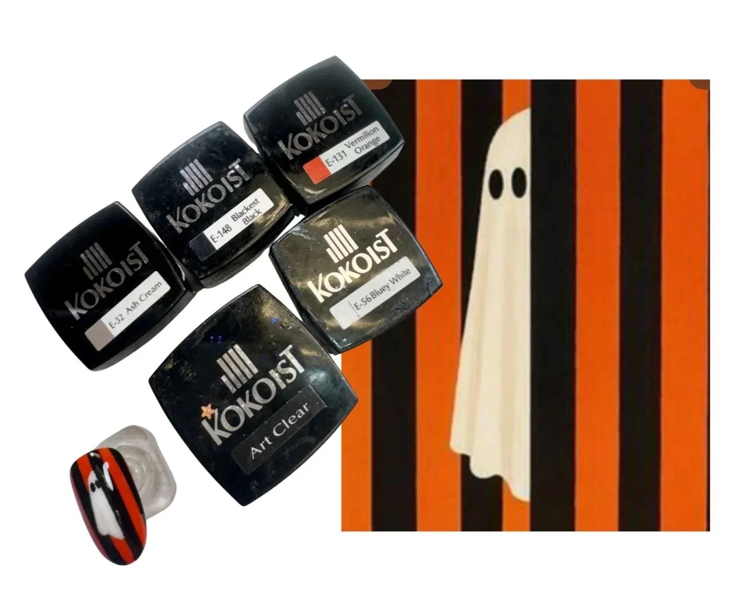 Original inspiration image of a white ghost peeking through orange and black stripes alongside Rachel Messick’s workshopped nail art interpretation of the design.