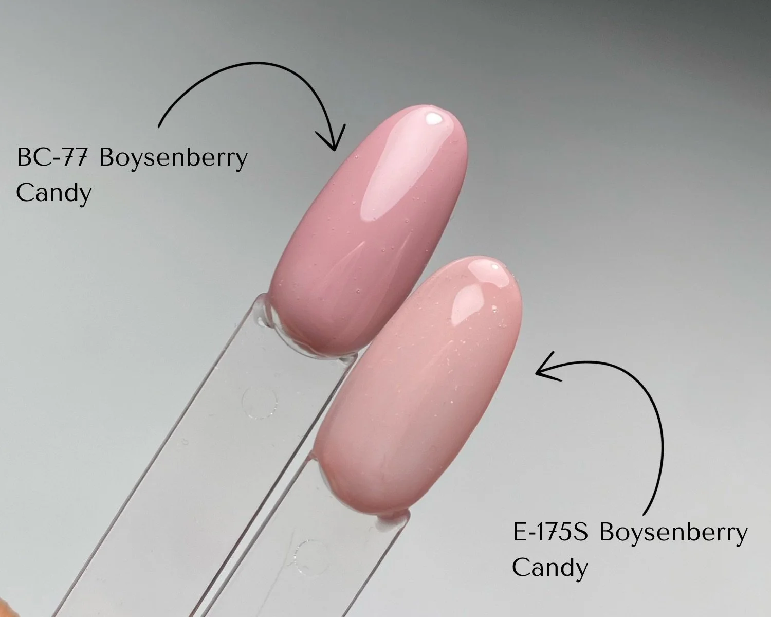 Side-by-side comparison of KOKOIST Bottle'N Go BC-77 Boysenberry Candy and Excel Color E-175S Boysenberry Candy swatched on clear swatch sticks.