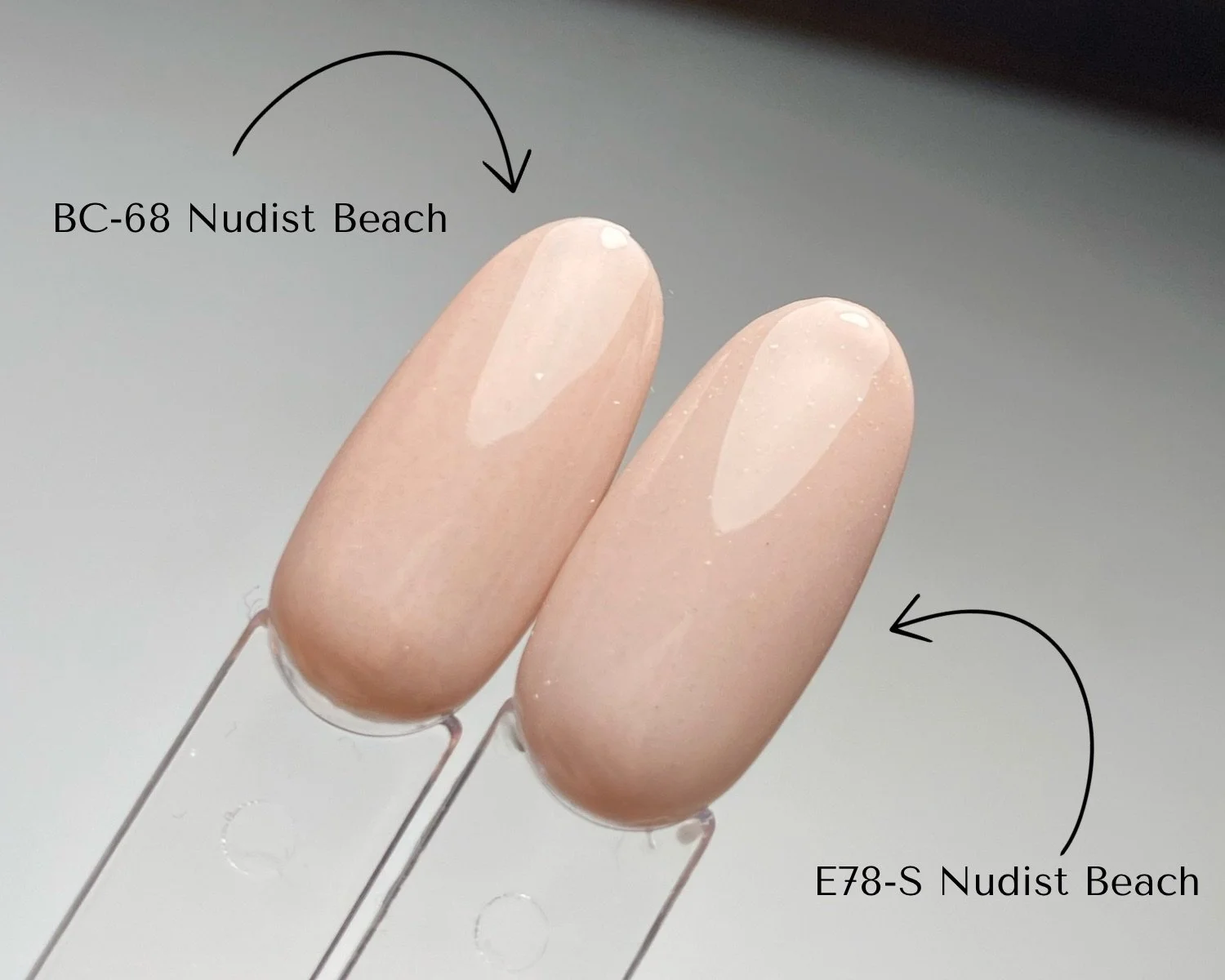 Side-by-side comparison of KOKOIST Bottle'N Go BC-68 Nudist Beach and Excel Color E-78S Nudist Beach swatched on clear swatch sticks.