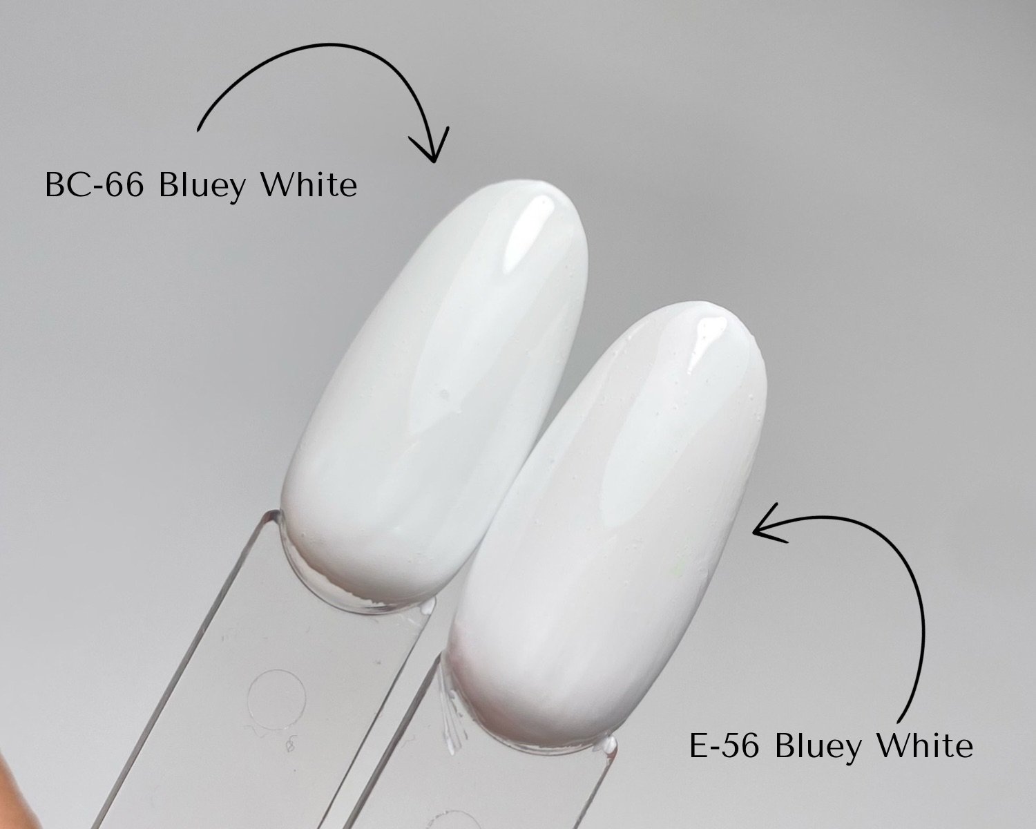 Side-by-side comparison of KOKOIST Bottle'N Go BC-66 Bluey White and Excel Color E-56 Bluey White swatched on clear swatch sticks.